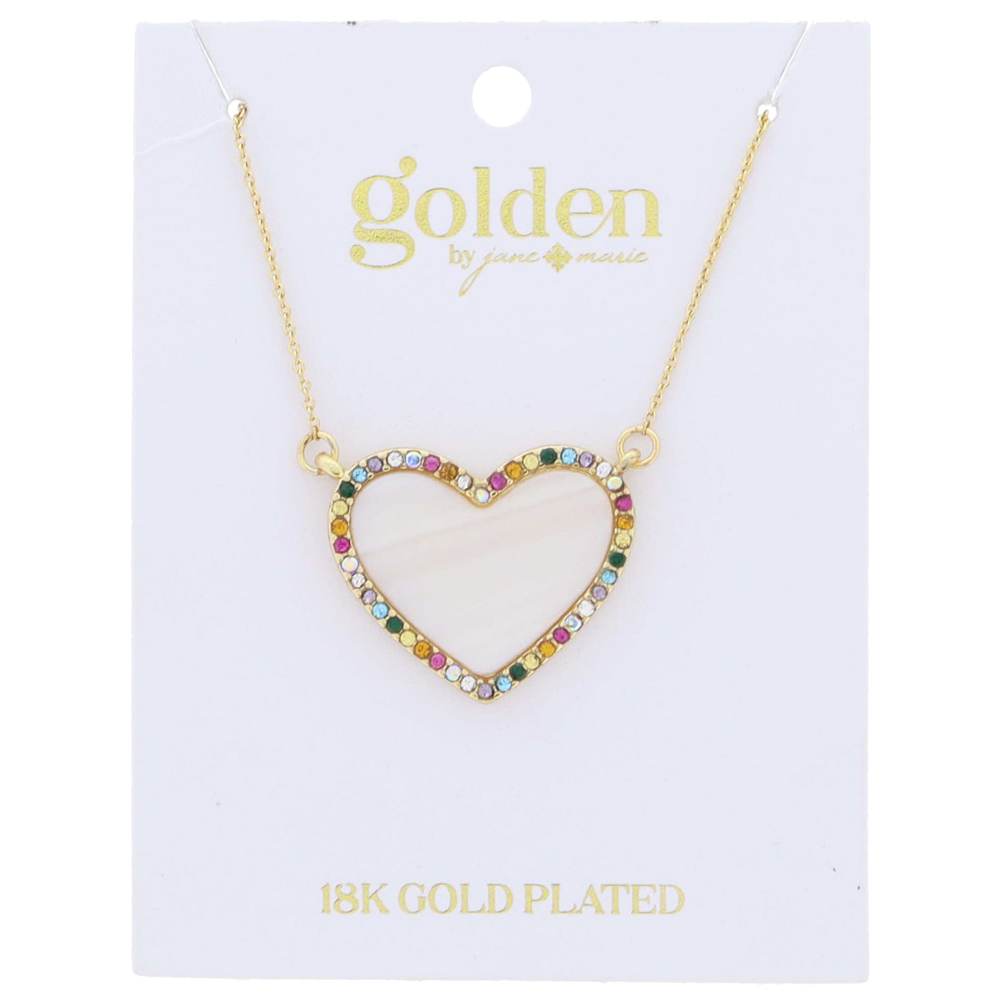 18K Gold Plated Shell Inlay Heart with Multi Mini Crystal Edge Necklace .85" Pendant