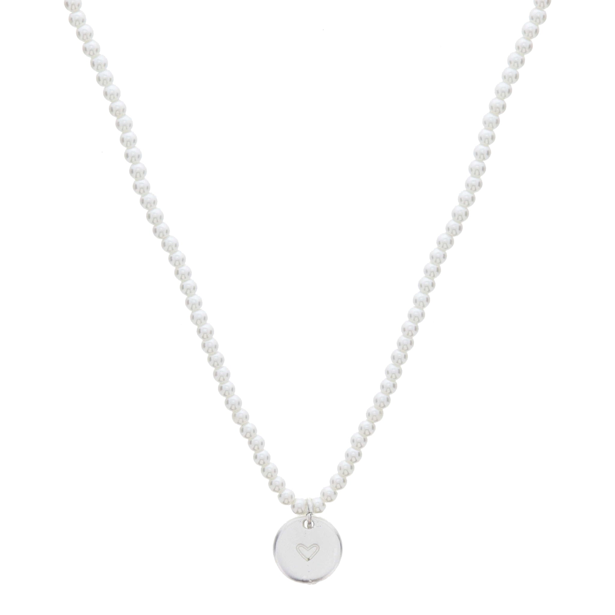 Kids 14" Pearl Beaded with Silver Heart Stamped Disc Necklace, 3" Ext