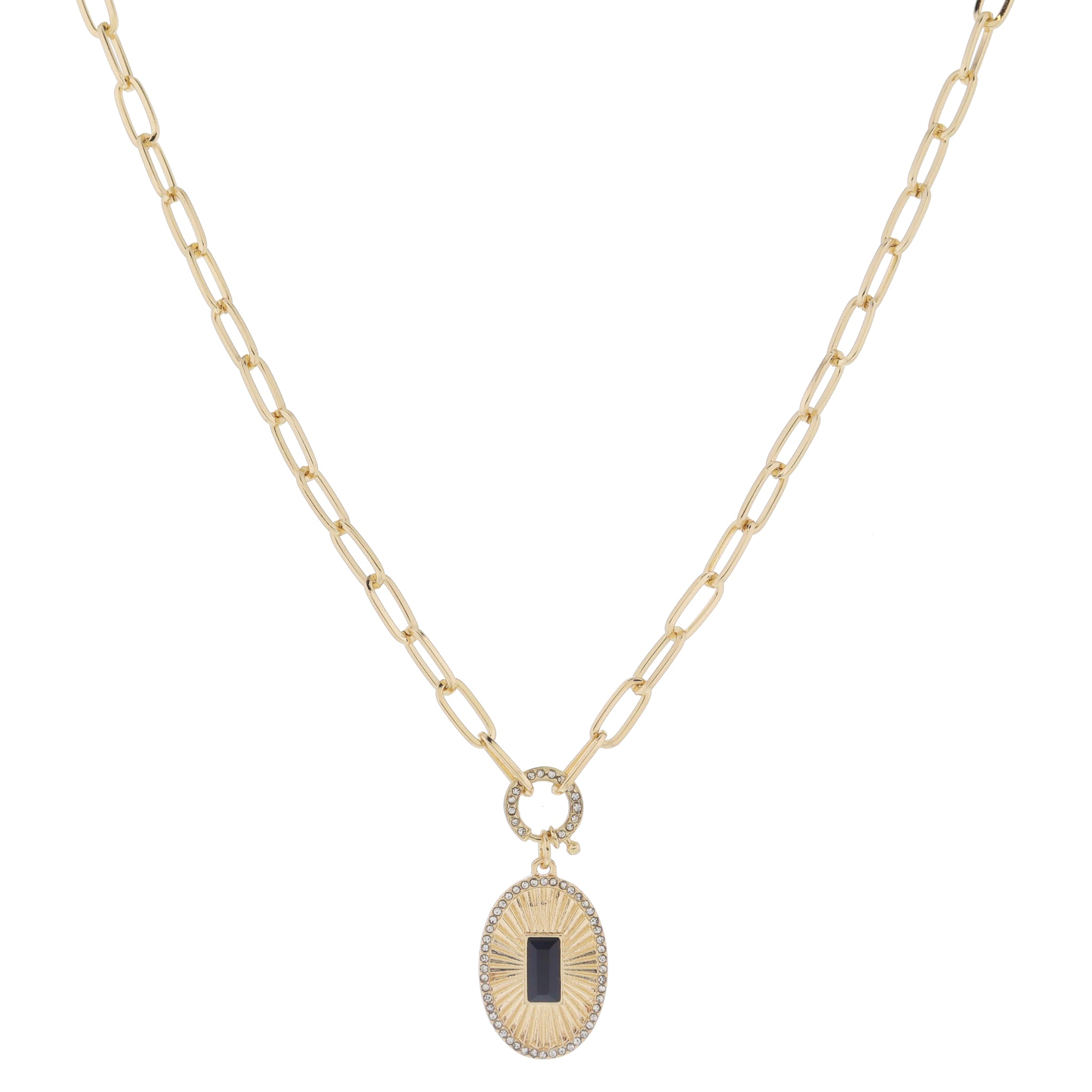 18" Crystal Spring Ring Gold Sunburst Oval with Jet Center Crystal & Crystal Edge Necklace, 3" Ext