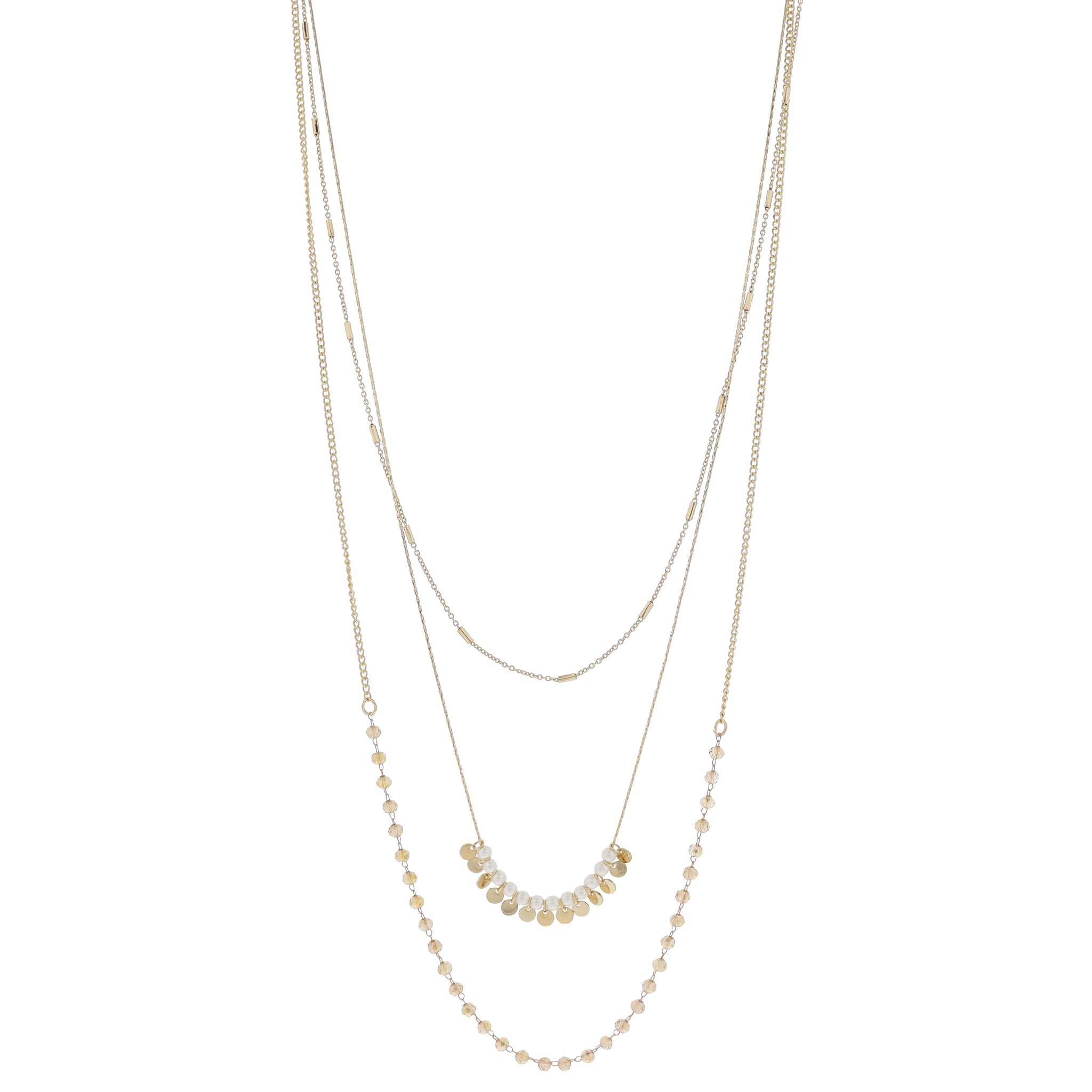 3 Strand Satellite Bar Chain, Chain & Pearls & Discs, Curb Chain & Champagne Beads Necklace, 3"Ext