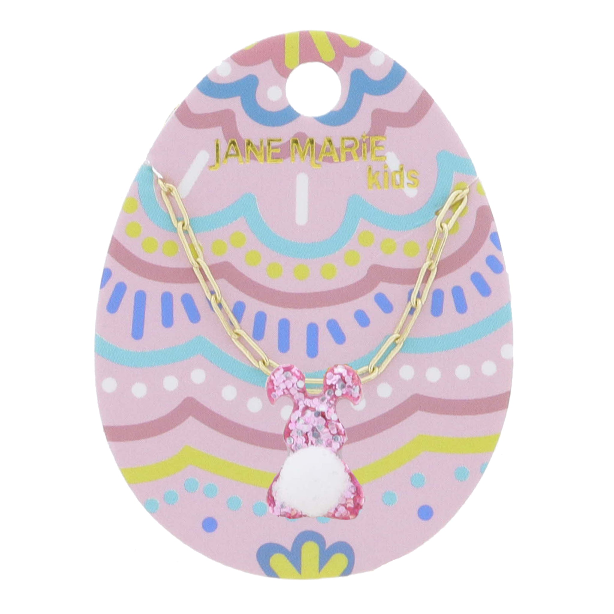 Kids 14" Pink Glitter Resin Bunny with Mini White Pom Tail Necklace, 3" Ext