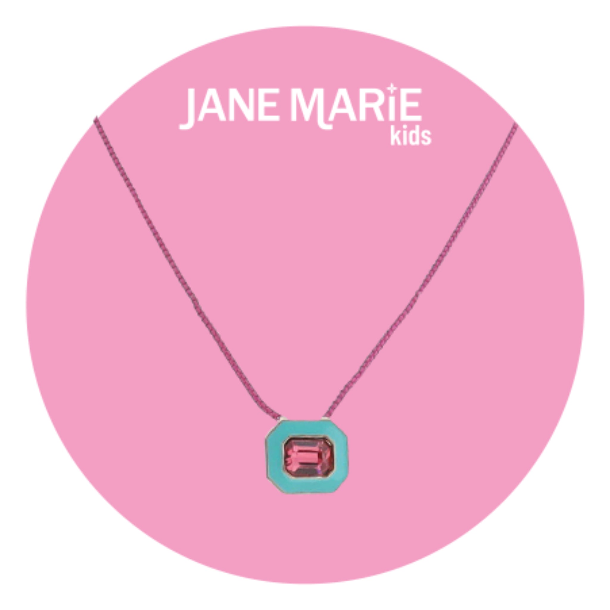 Kids 14" Hot Pink Chain Necklace with Turquoise Enamel & Hot Pink Crystal Rectangle