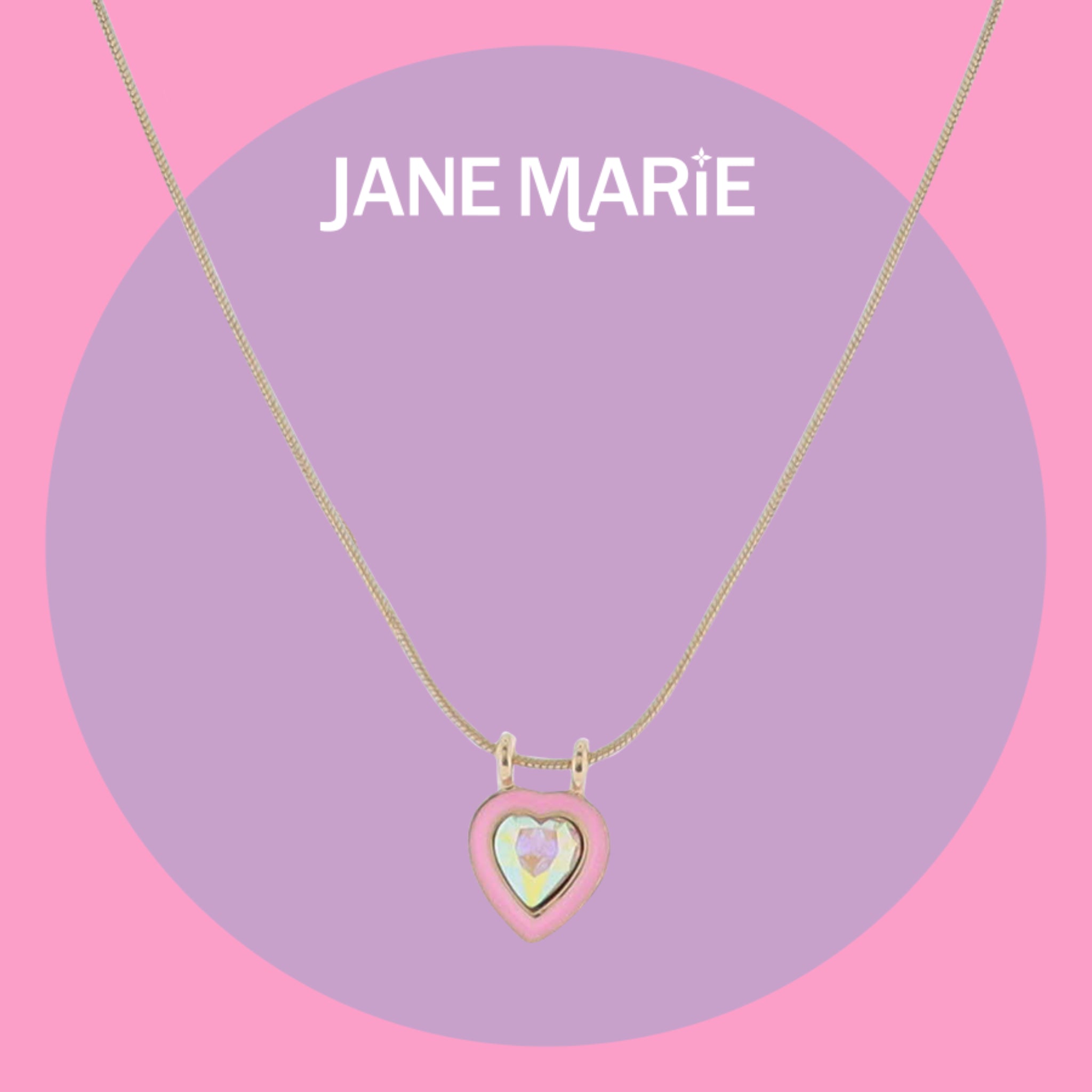 16" Gold Snake Chain Necklace with Pink Enamel Heart & AB Crystal Heart Pendant