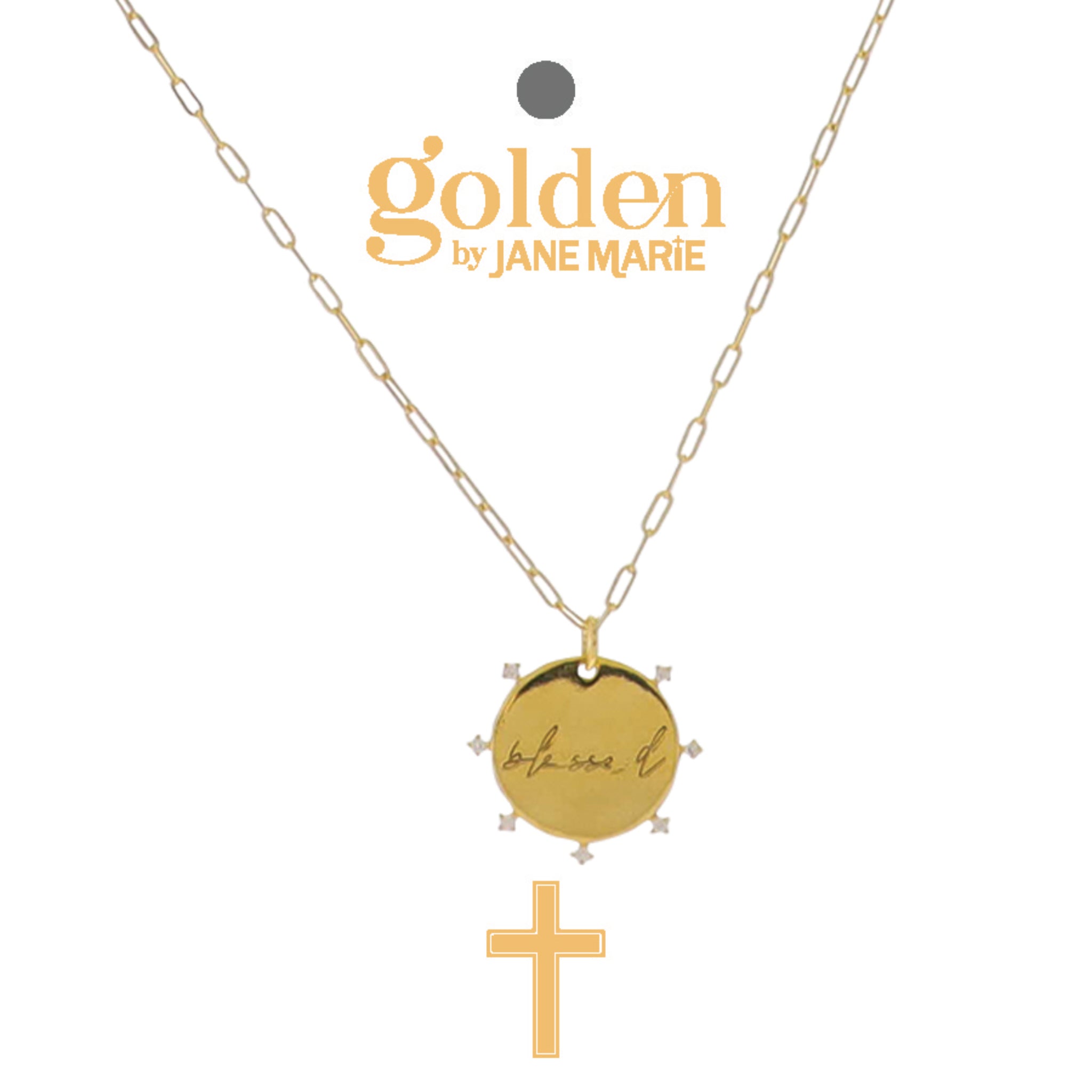 16" 18K Gold Plated Paperclip Chain Necklace with "Blessed" Crystal Accented Disk