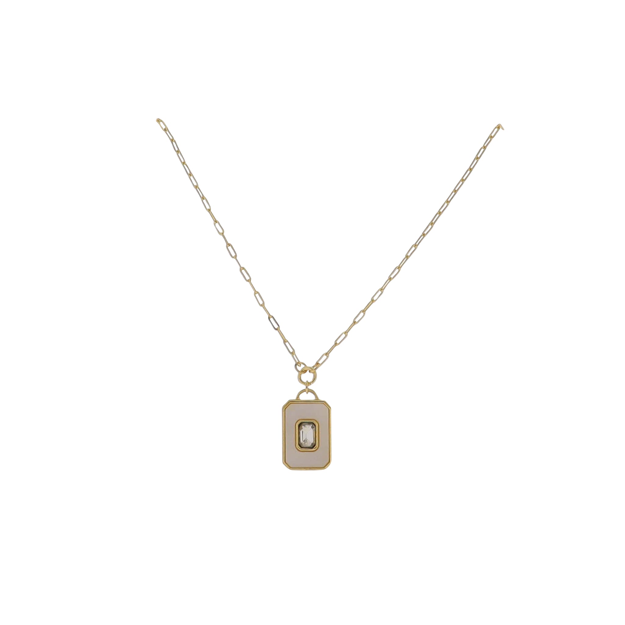 15" 18K Gold Plated Gold Paperclip Chain Necklace with White Shell Rectangle with Crystal Pendant