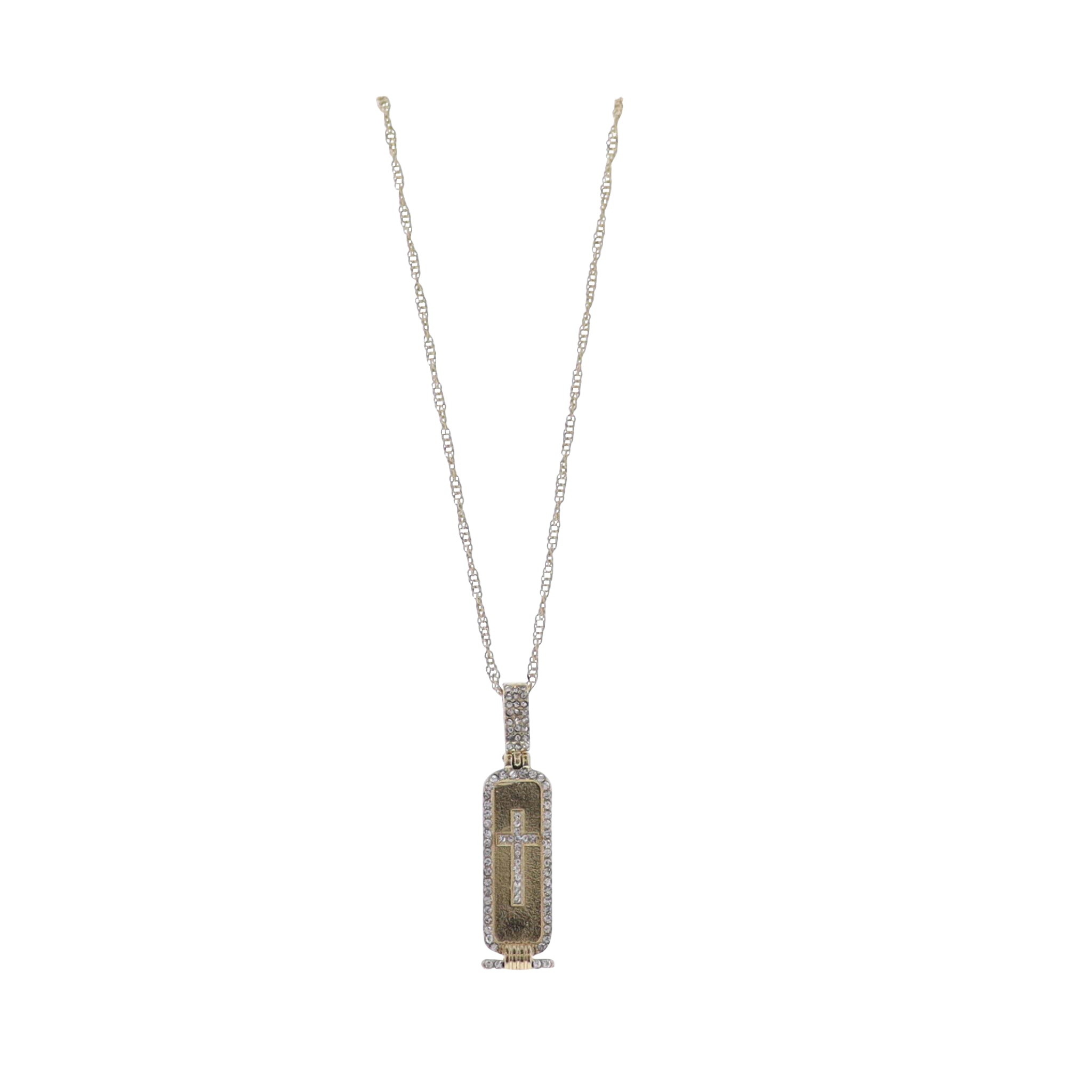 Gold Singapore Chain Necklace with Gold Rectangle with Crystal Edges & Cross