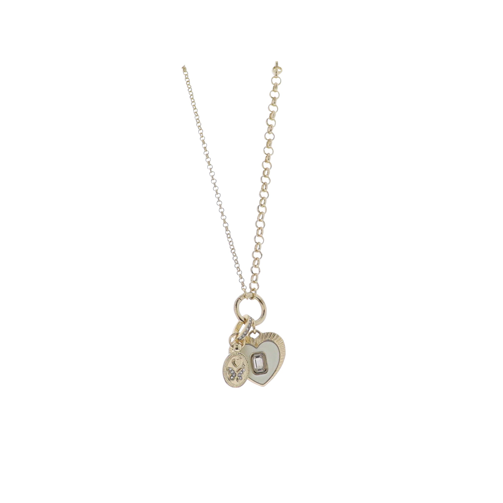 Gold Rolo Chain Necklace with White Enamel Heart with Crystal Center & Oval Butterfly Charm
