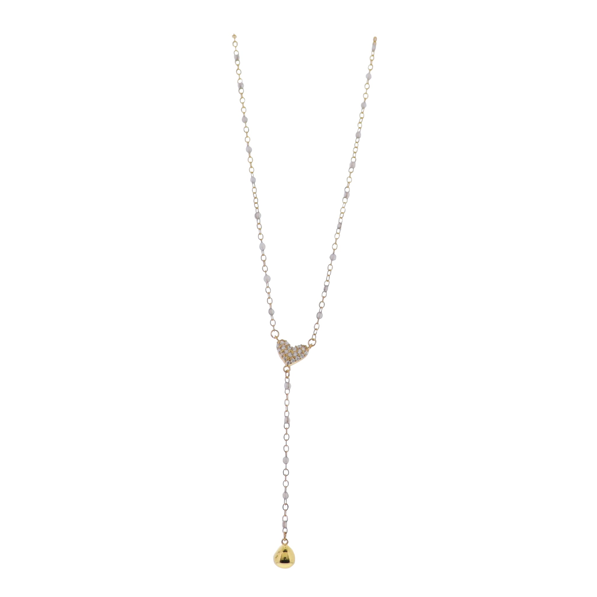 18K Gold Plated Grey, Gold Enamel Chain Lariat Necklace with Clear Crystal Heart & Gold Ball Y Drop