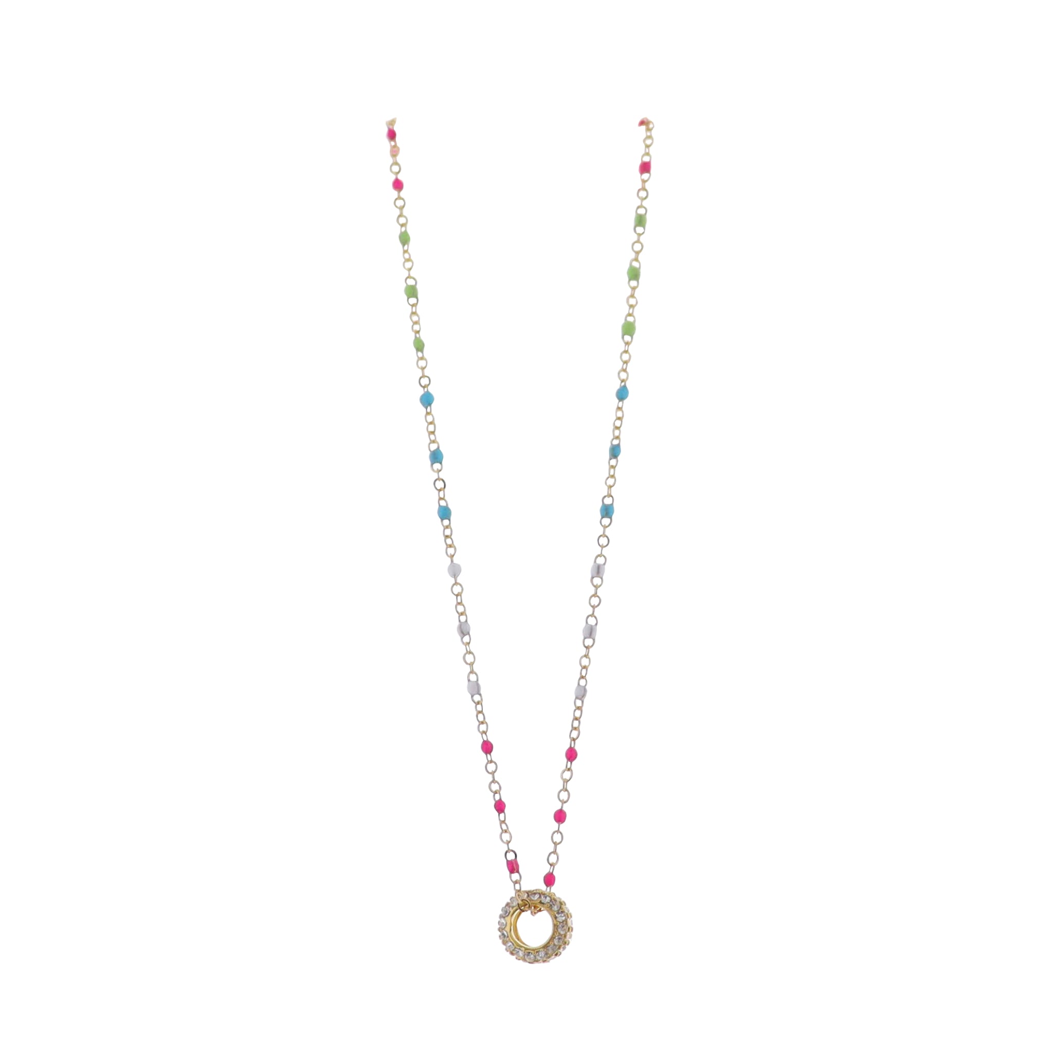 18K Gold Plated Multi Colorblock, Gold Enamel Chain Necklace with Clear Crystal Ring