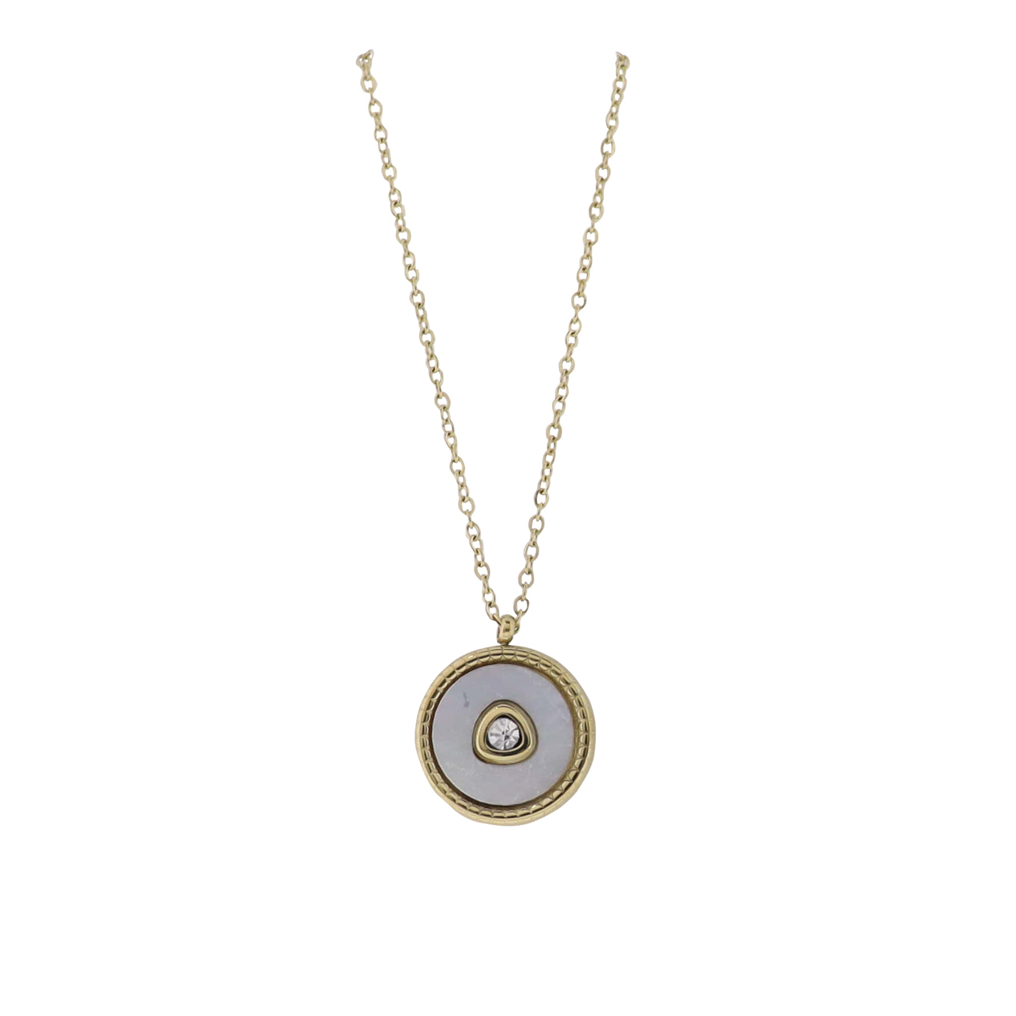 18K Gold Plated O-Shaped Chain Necklace with White Shell Circle with Center Crystal