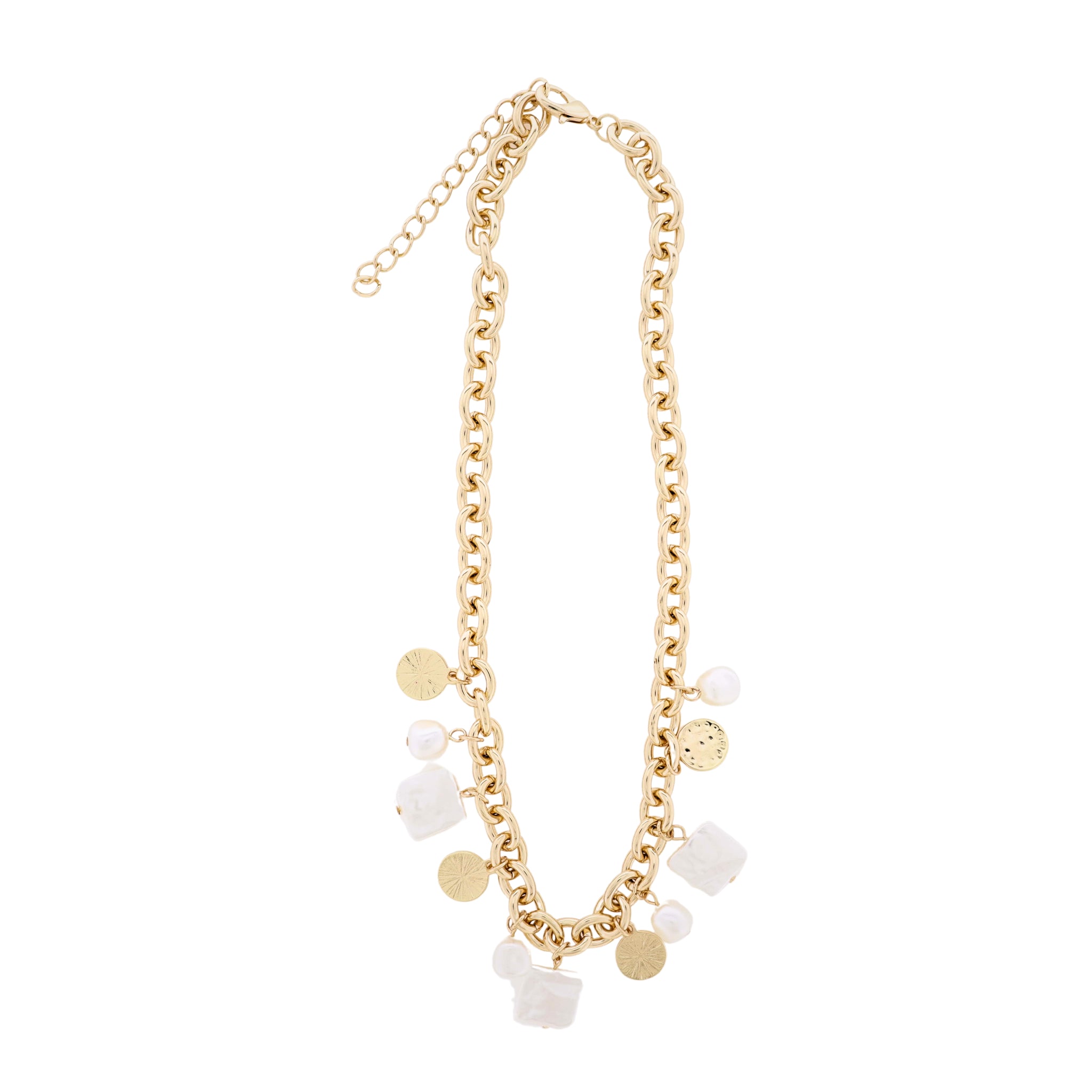 18K Gold Plated Gold Oval Link Chain Necklace with Gold & Pearl Multi Charm