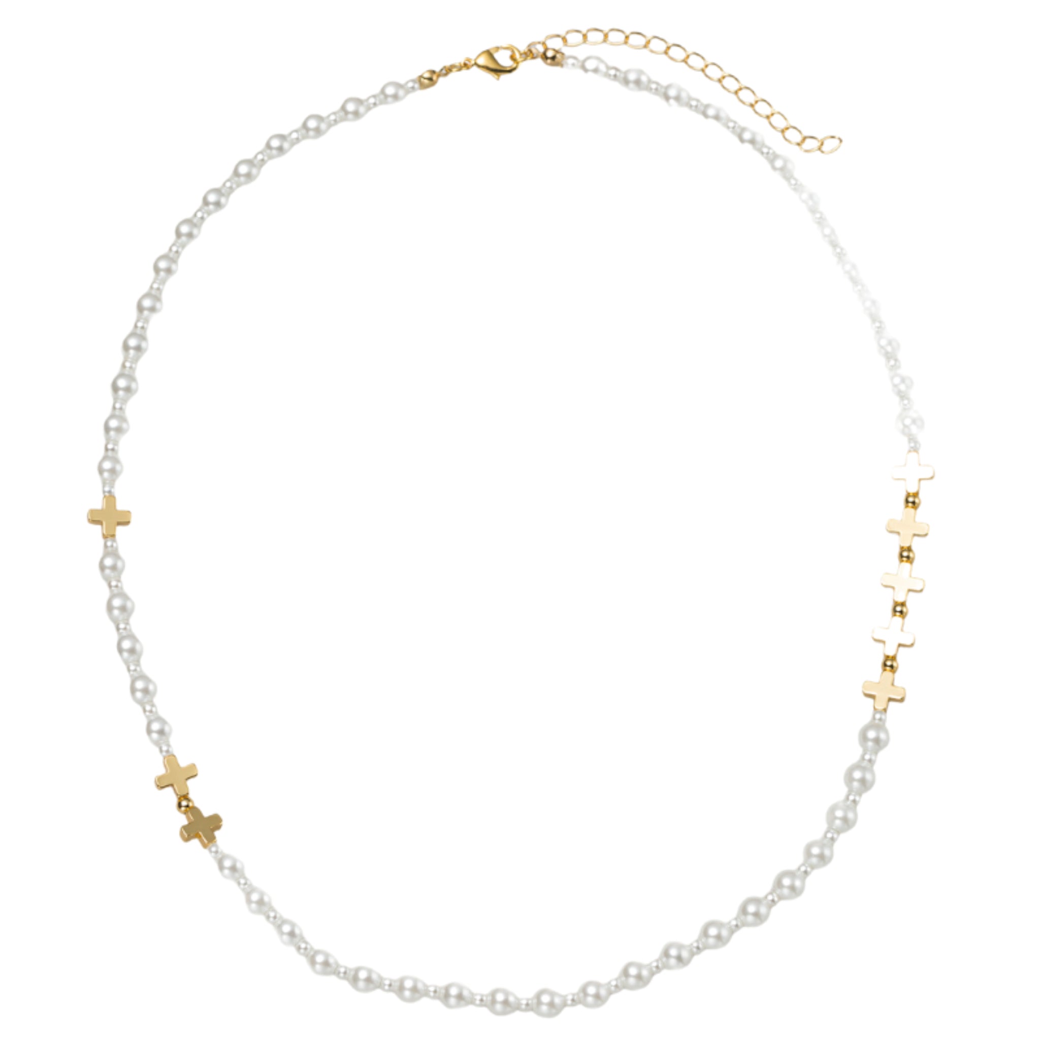 18K Gold Plated Gold, Pearl 4mm, 8mm Beaded Necklace with Gold Crosses in Body