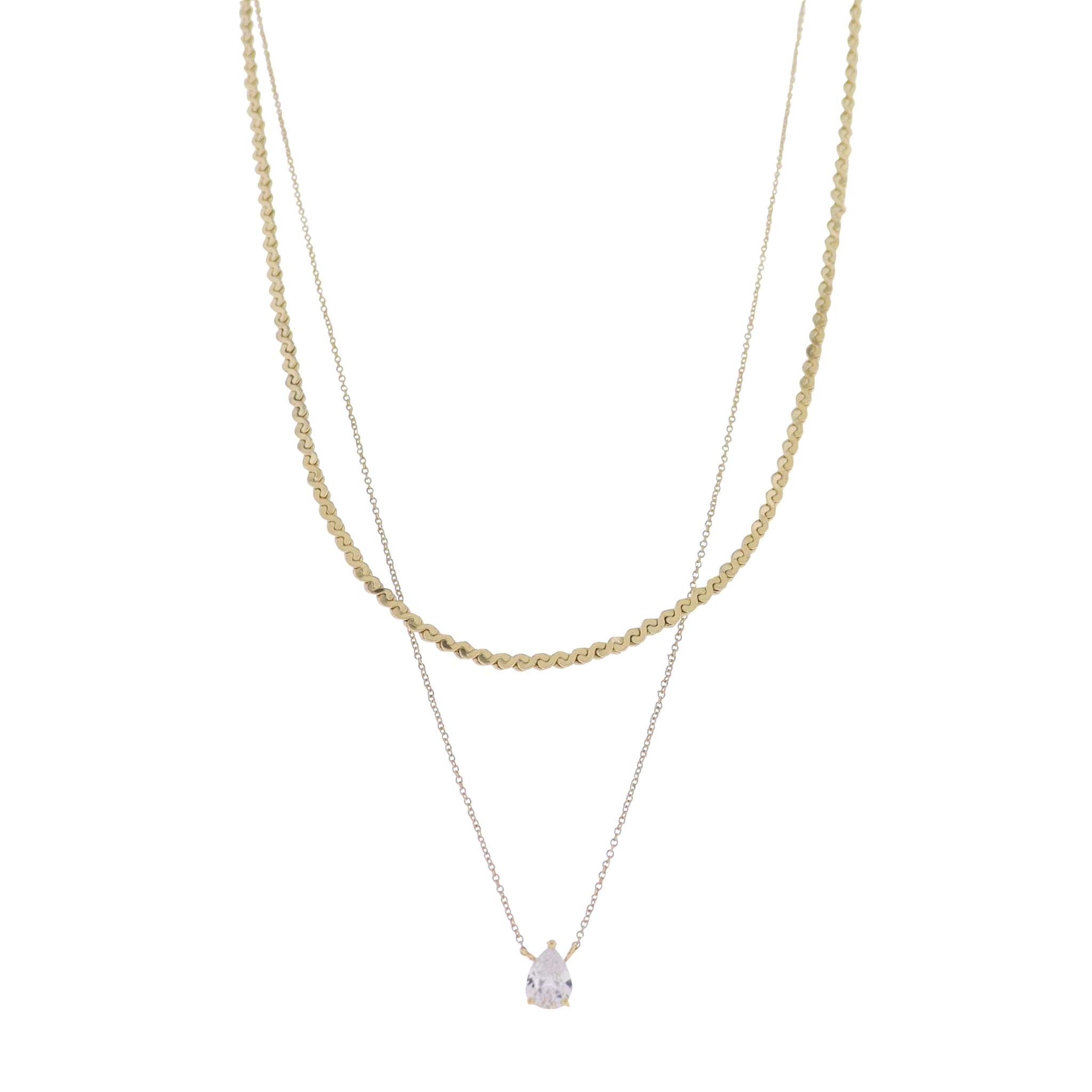 18K Gold Plated 2 Layer Wave & Rolo Chain Necklace with Clear Crystal Teardrop
