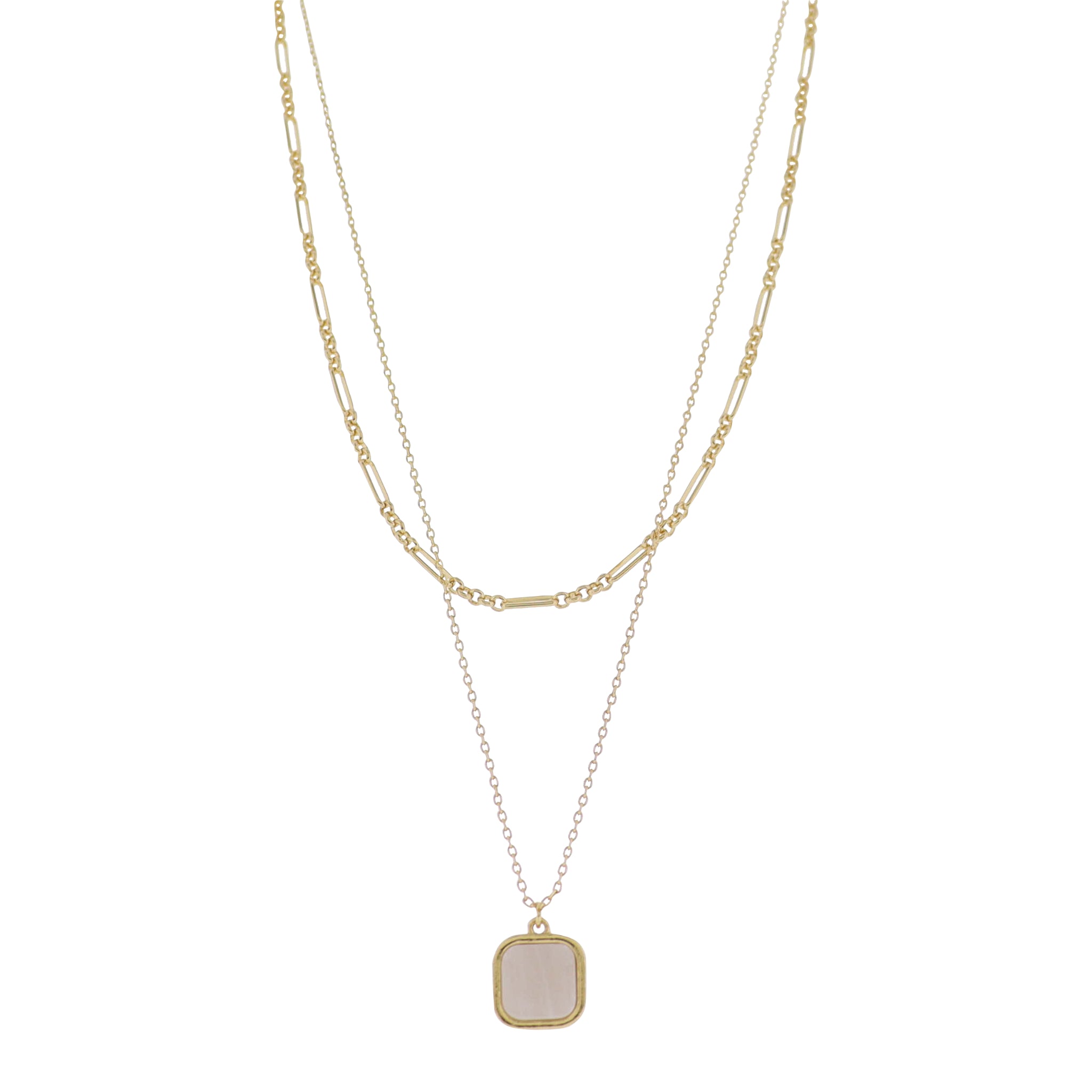 18K Gold Plated 2 Layer Oval, Round Link, Cable Chain Necklace with White Sqaure Stone
