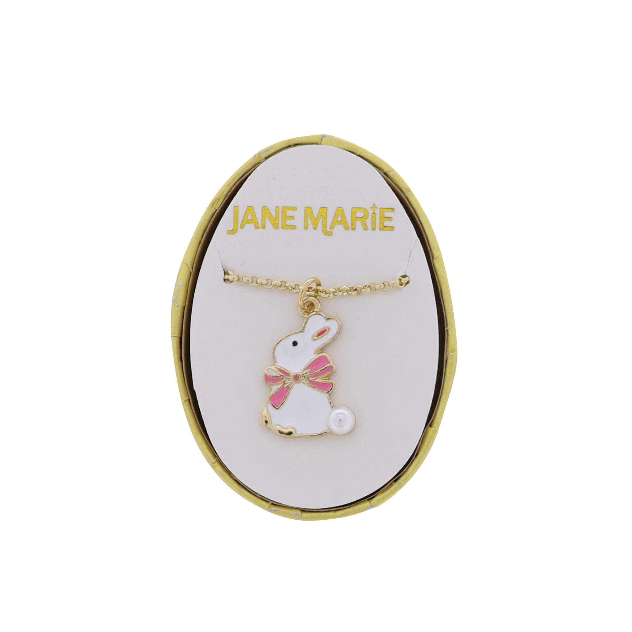 White Bunny with Bow and Pearl Tail on Gold Rolo Chain Necklace