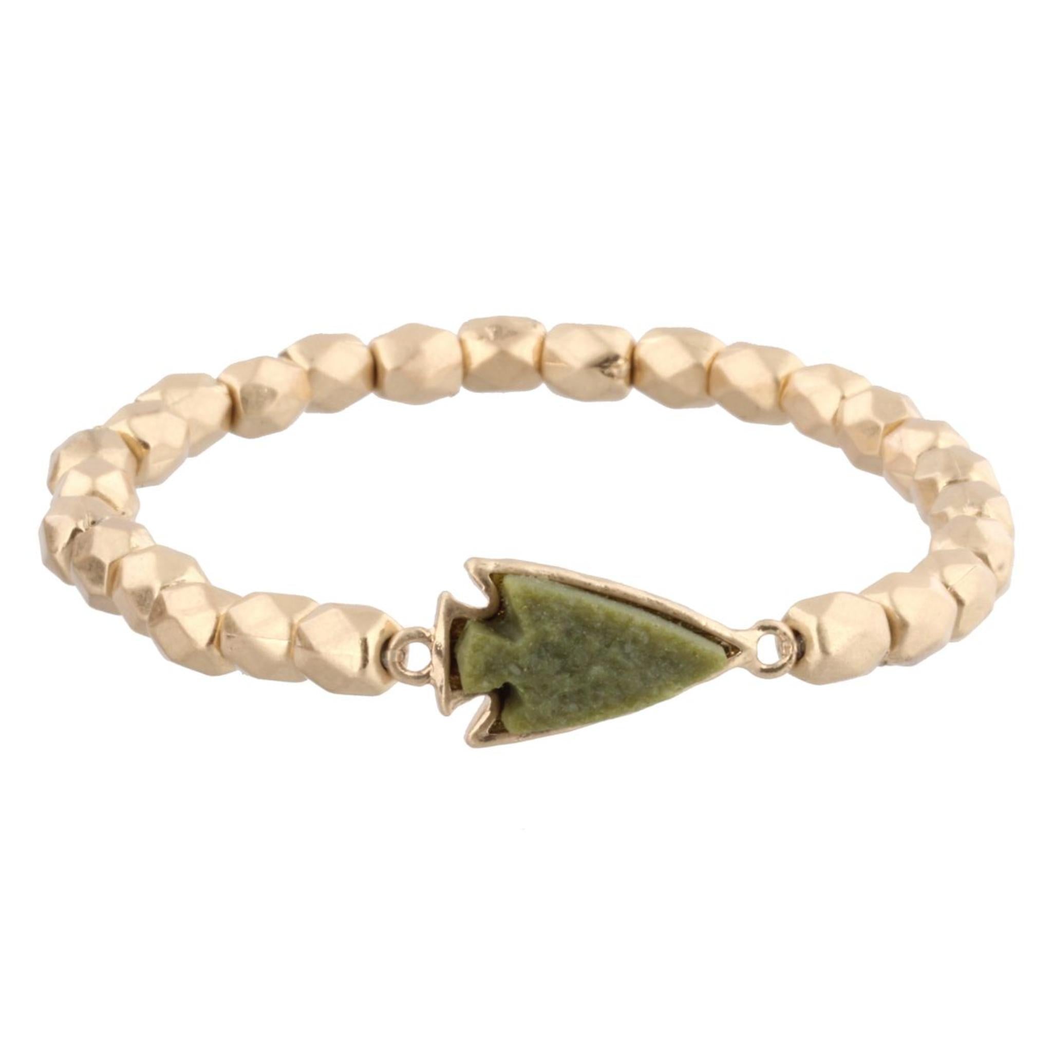 Gold Beaded Stretch Bracelet with Olive Arrowhead Shaped Druzy