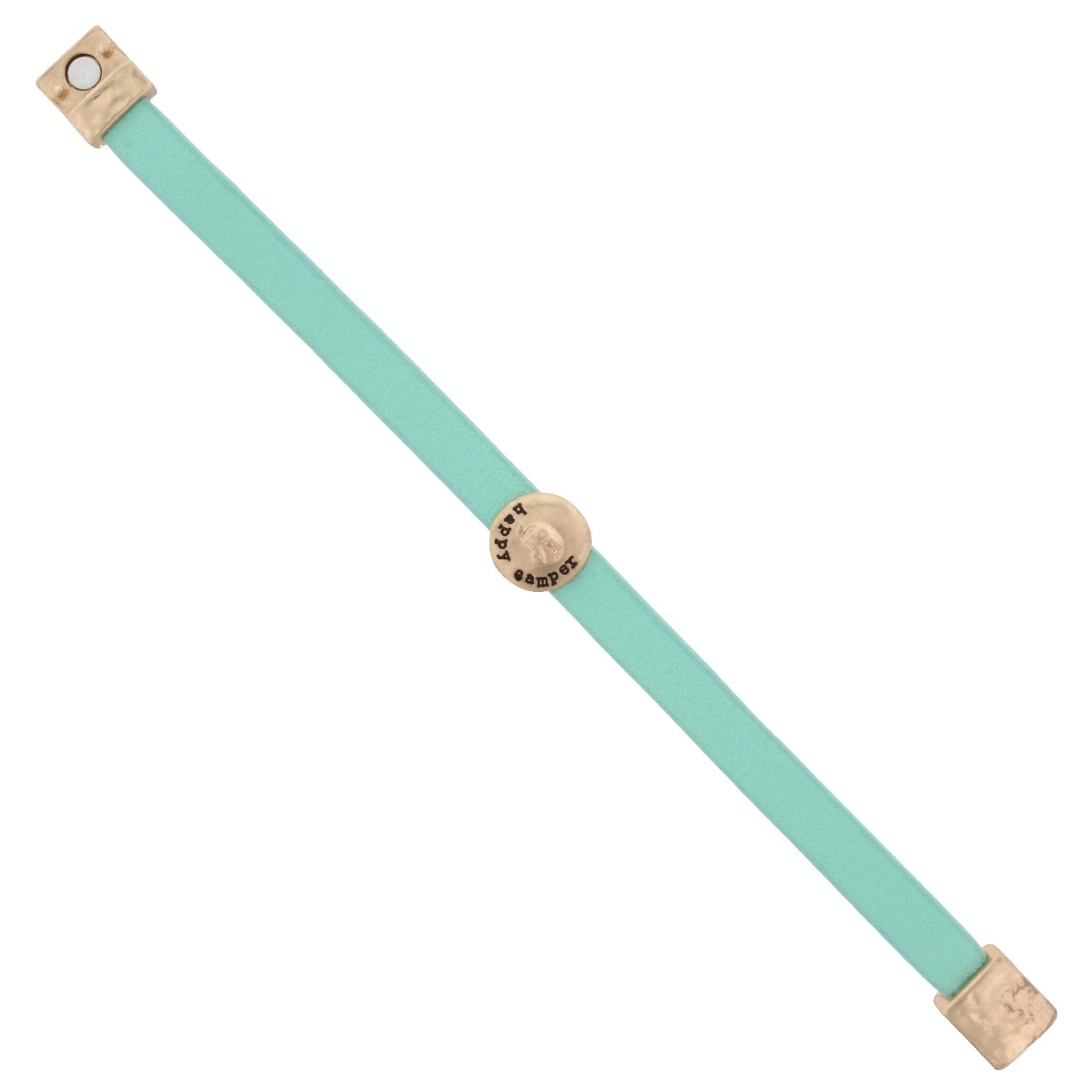 Kids Mint Leather Bracelet with Gold "Happy Camper"
