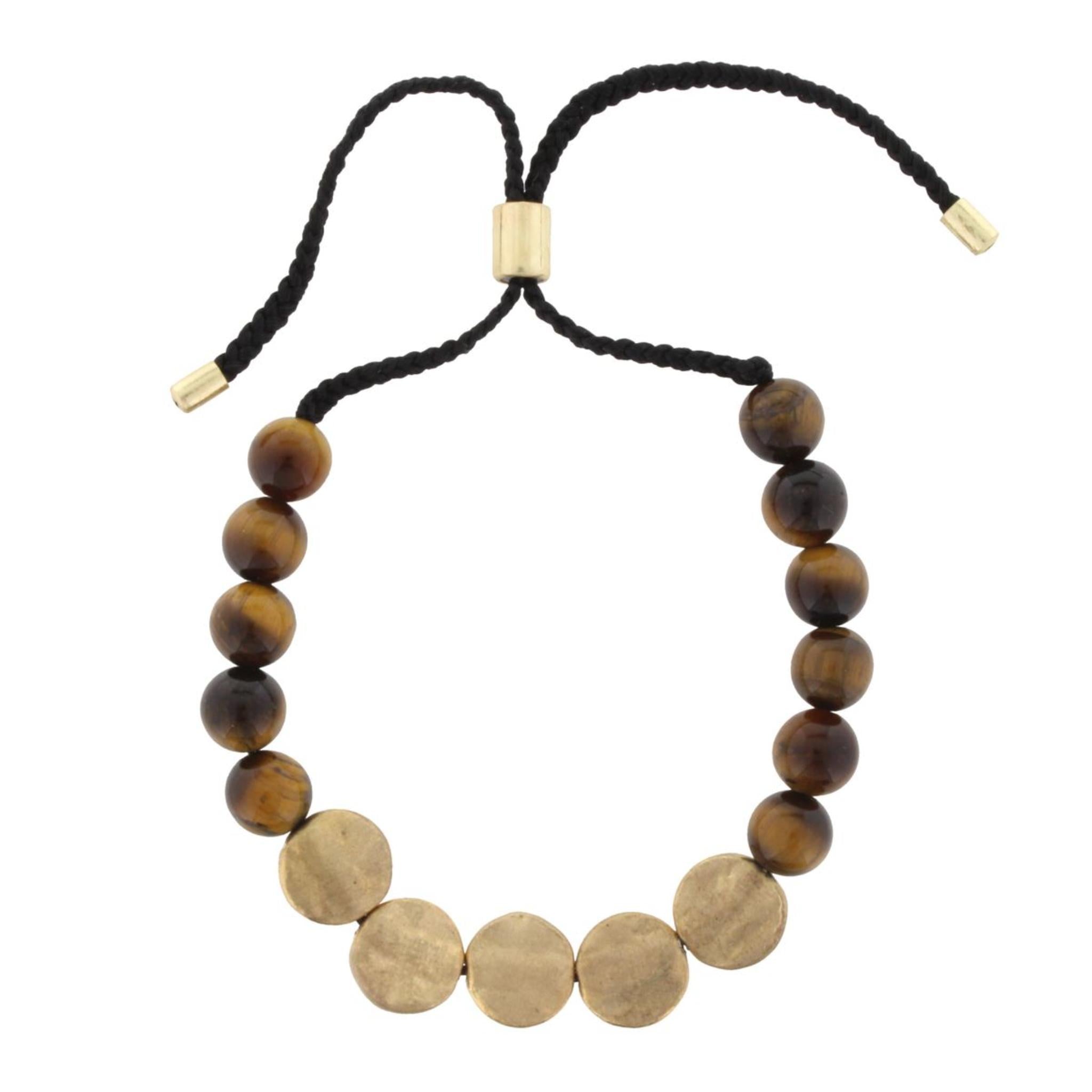 Tigers Eye Beaded Pull Cord Bracelet with Gold Disks