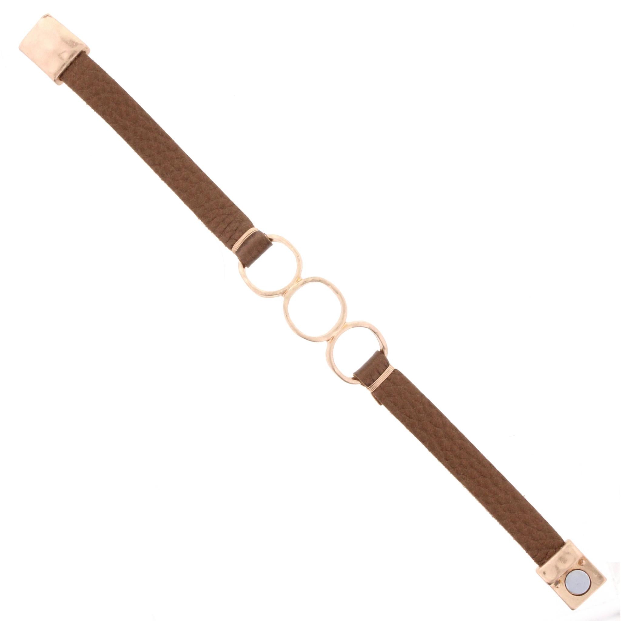 Bronze Leather Bracelet with 3 Gold Rings