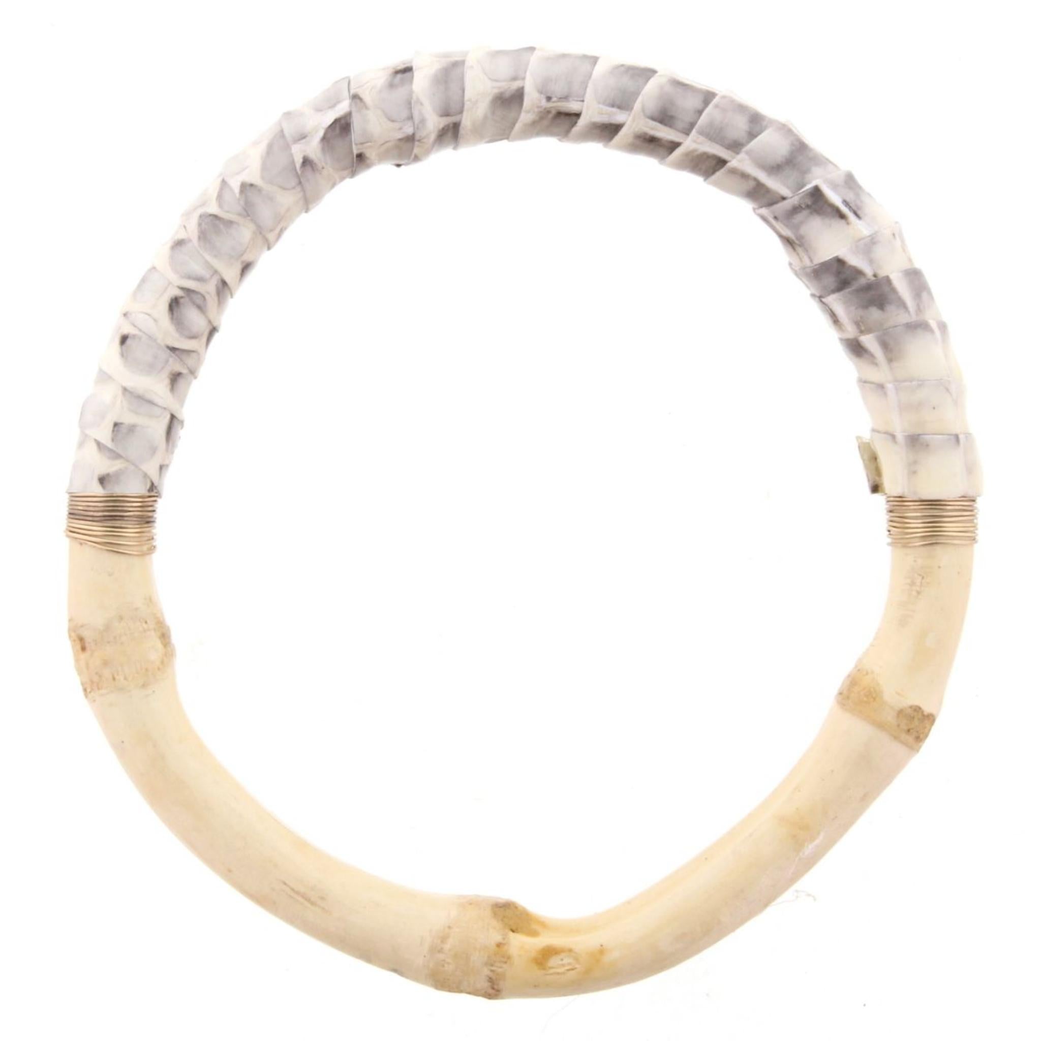 Bamboo Bangle Bracelet with Ivory Snakeskin Leather Wrap