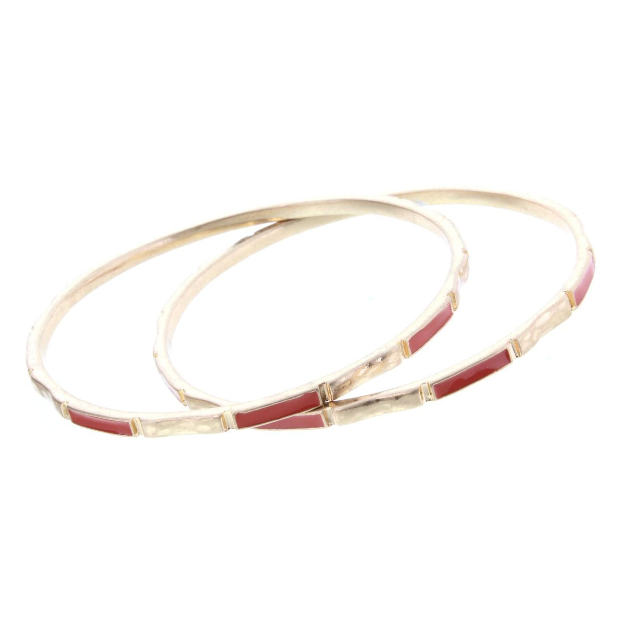 2 Blocked Off Gold Bangle Bracelets with Orange Epoxy