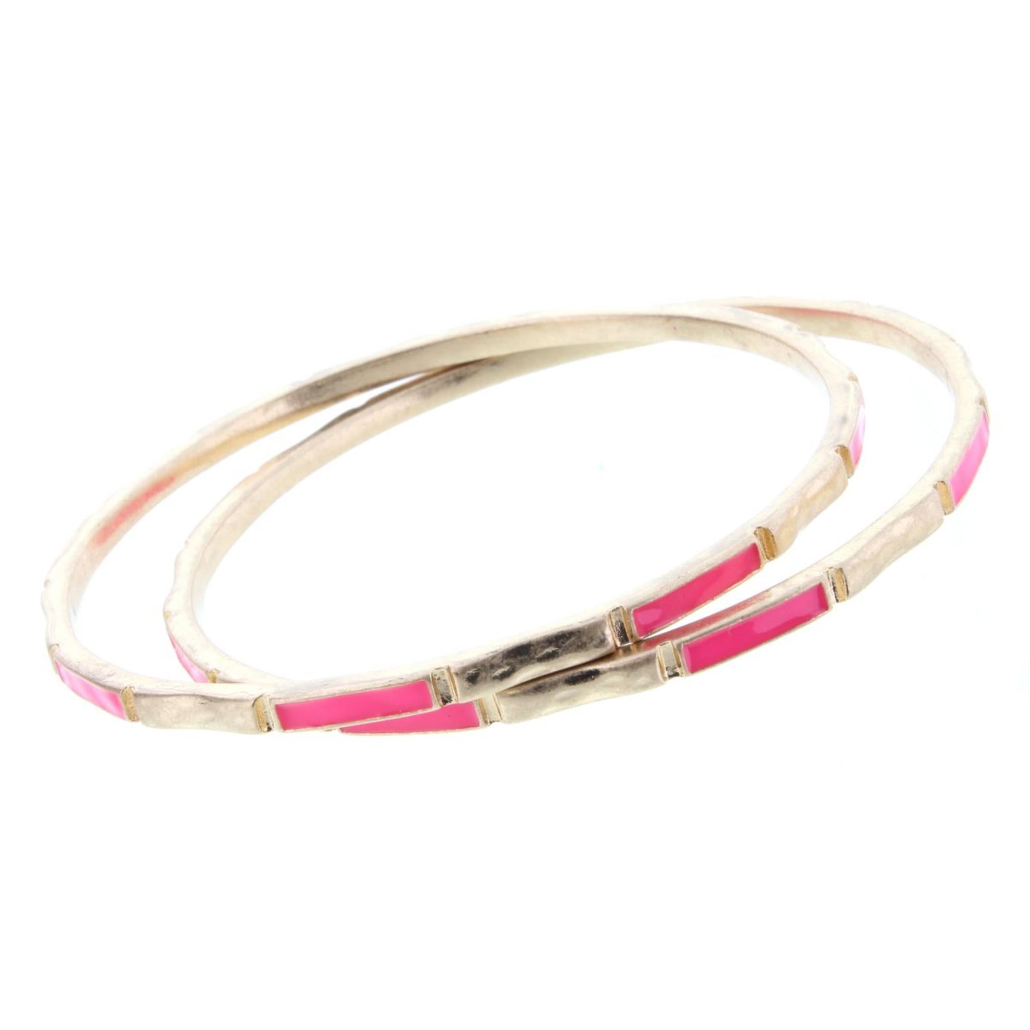 2 Blocked Off Gold BangleBracelets with Hot Pink Epoxy