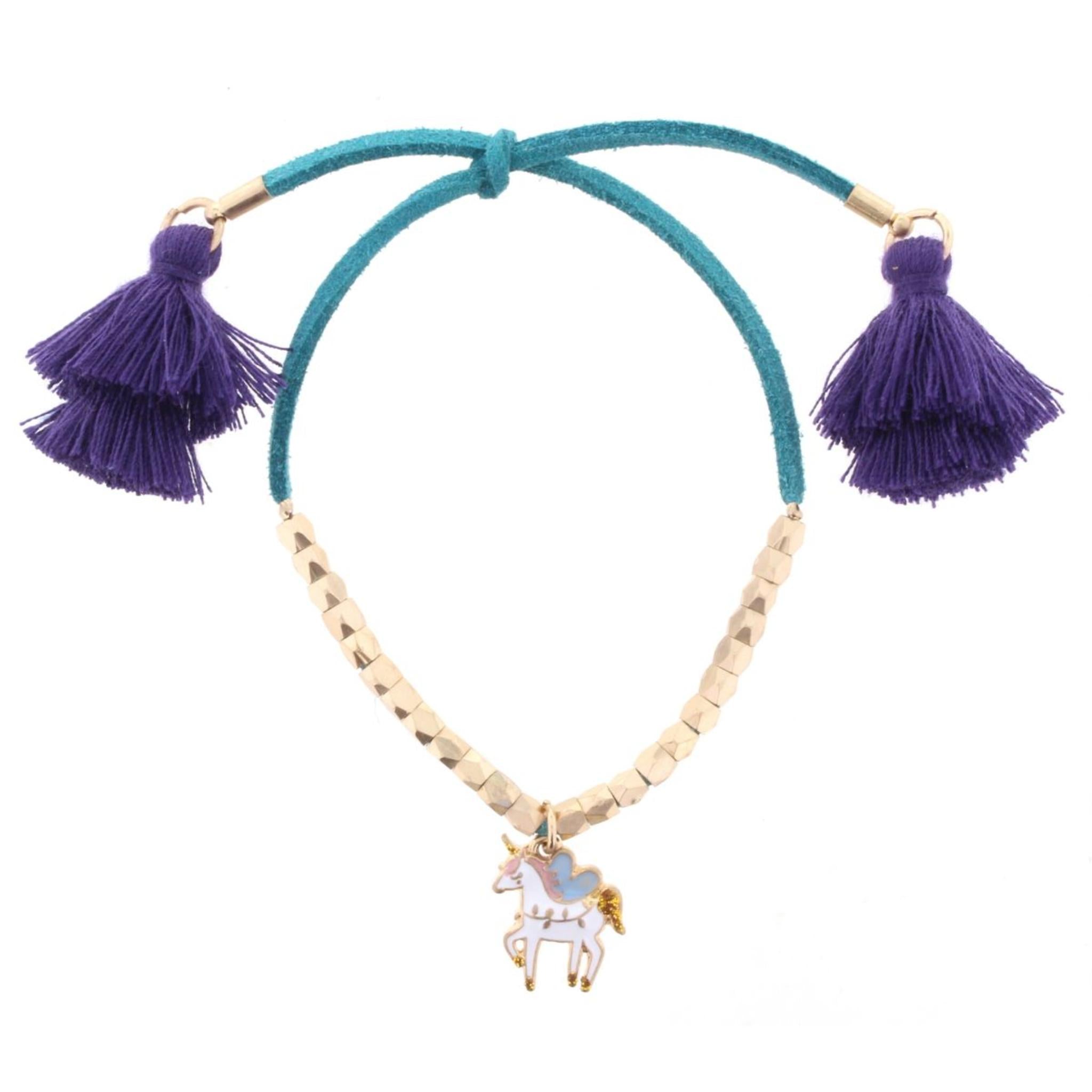 Adj. Teal Suede with Tassels & Unicorn Bracelet