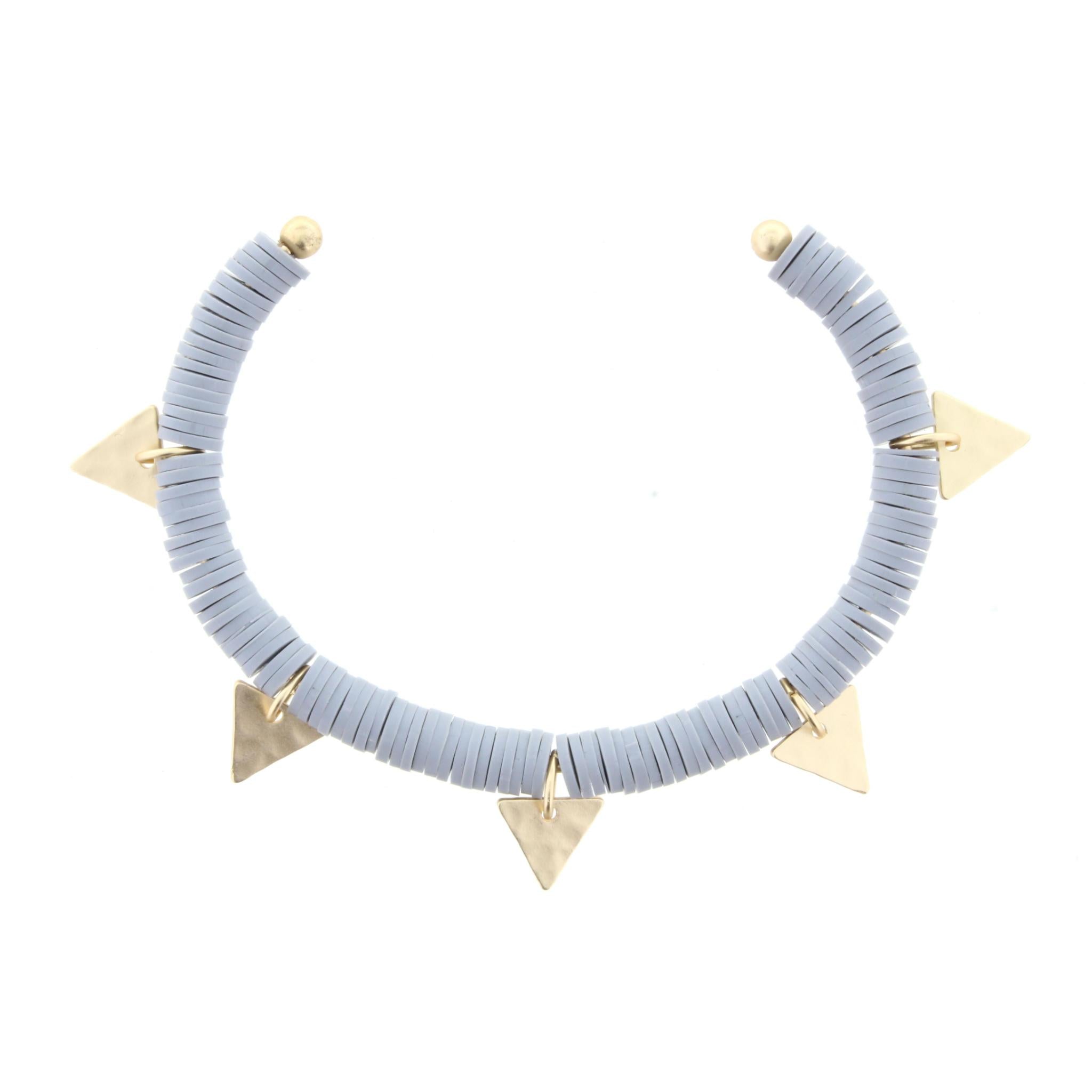 Soft Grey Discs Gold Cuff Bracelet with Gold Triangle Accents