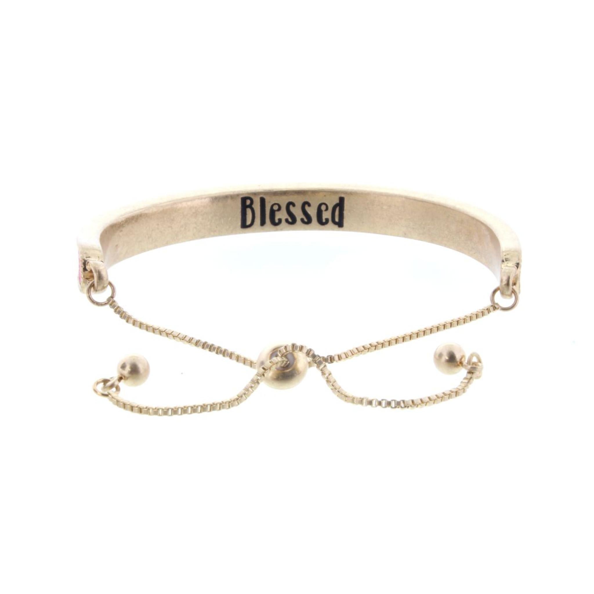 Kids Pink Glitter Inlay Adjustable Cuff with Inside Engrave " Blessed"