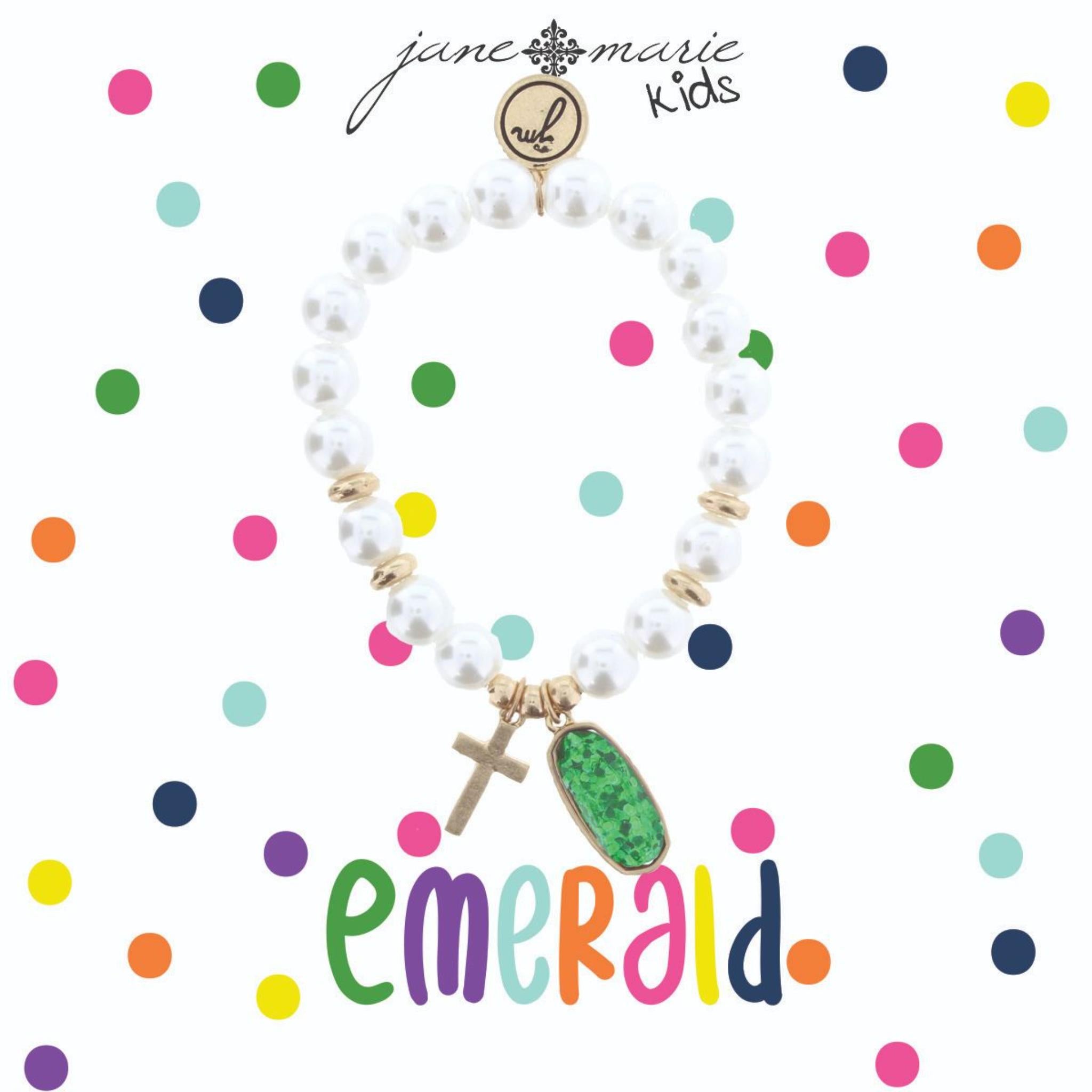 Kids Pearl Stretch Bracelet with Cross & May Birthstone Charm, Emerald Colored Glitter