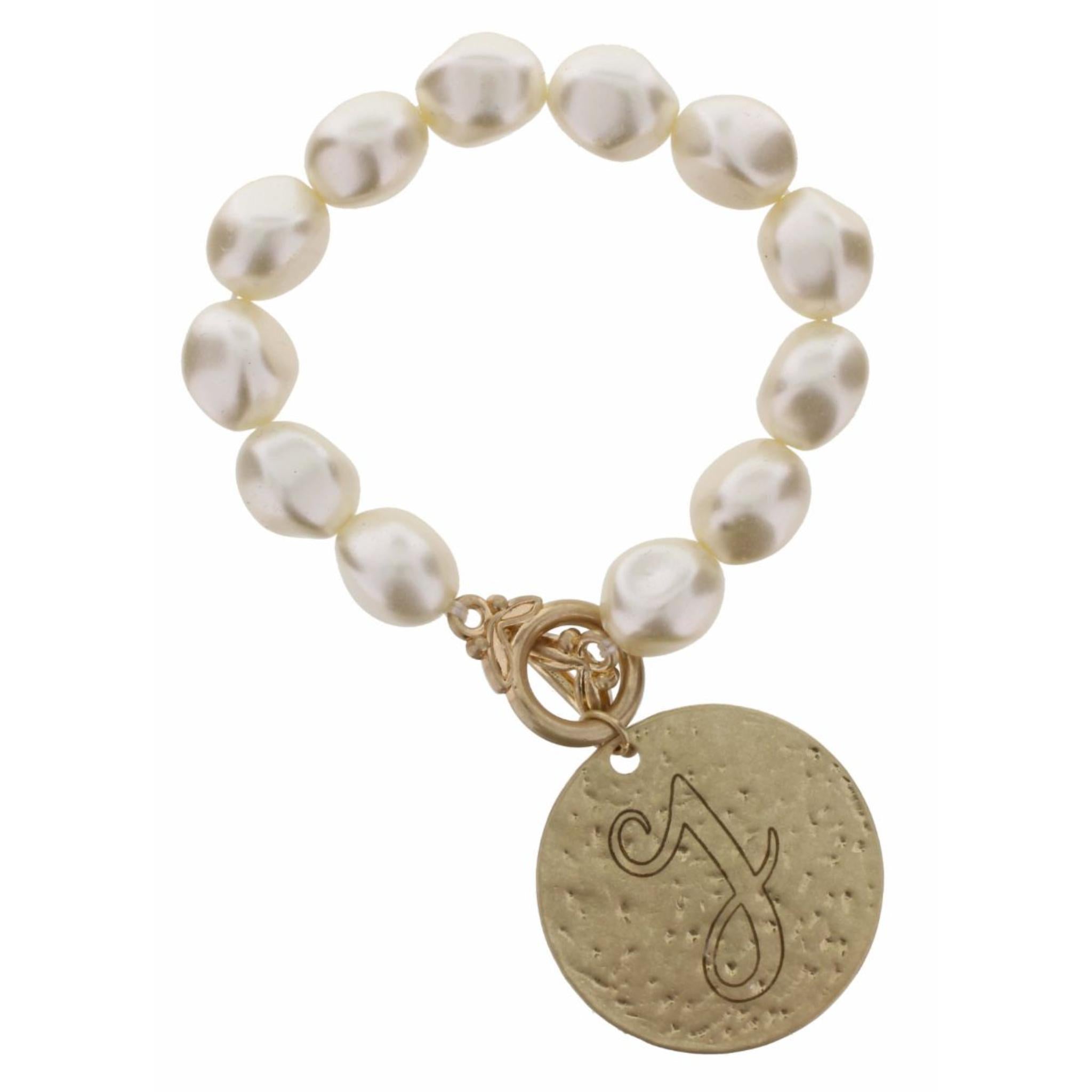 Pearl Stretch with Disk Initial "J" Bracelet