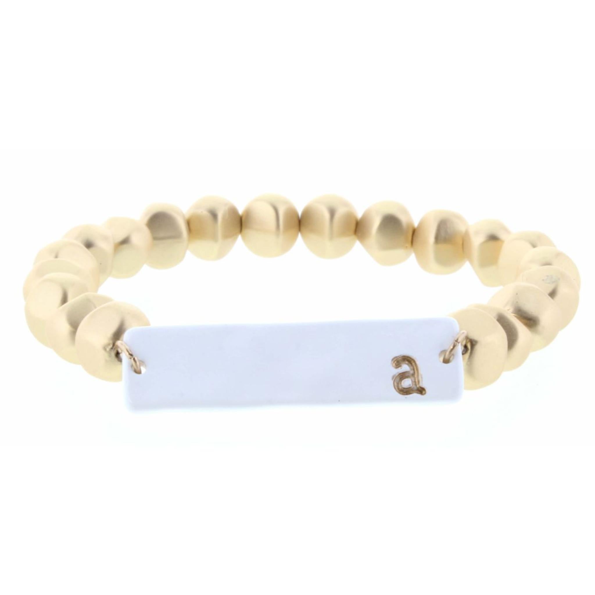 Gold Beaded Stretch, White Ceramic Rectangle with "A" Initial Bracelet