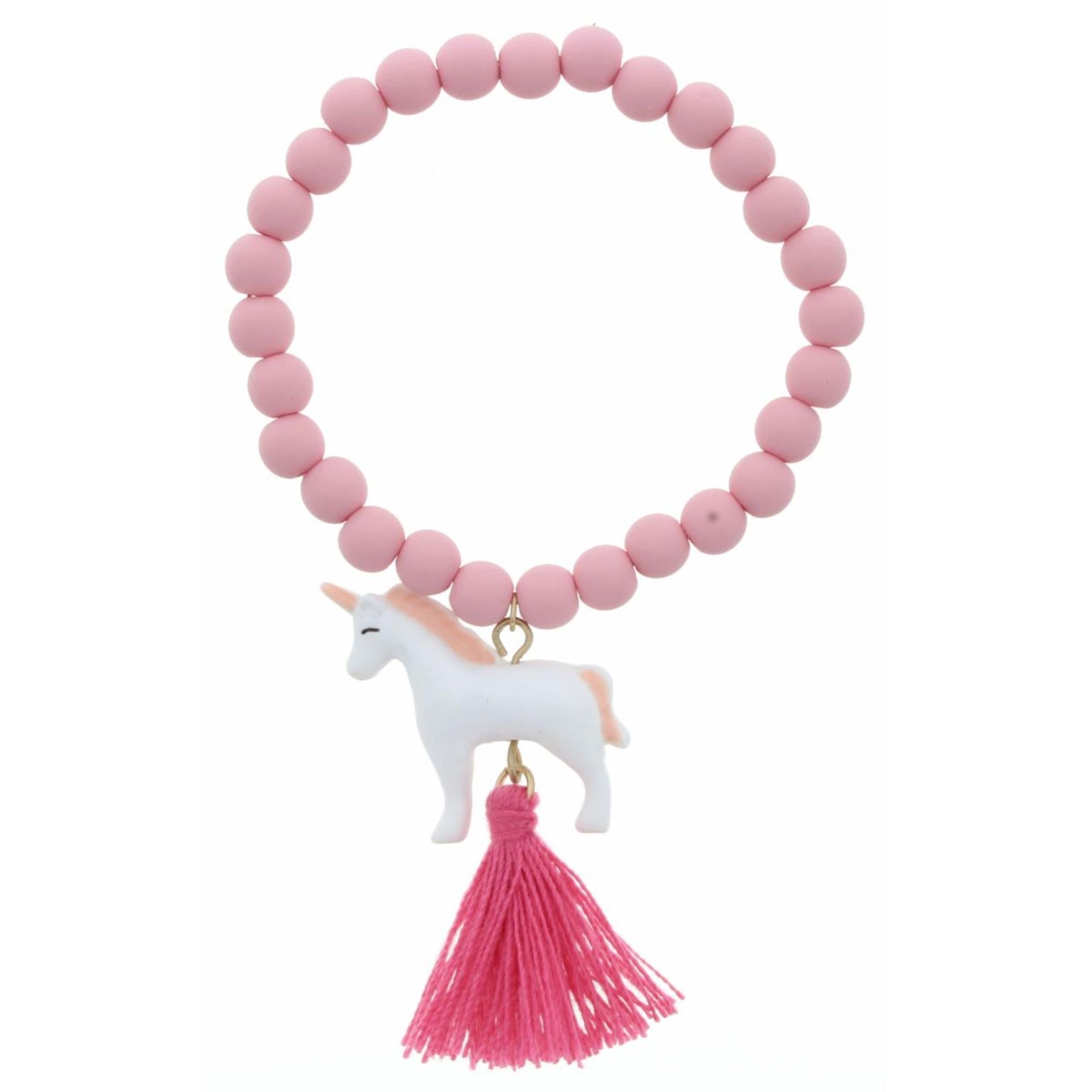 Kids Pink Matte Rubber Beaded Stretch with Polymer Unicorn & Tassel Bracelet
