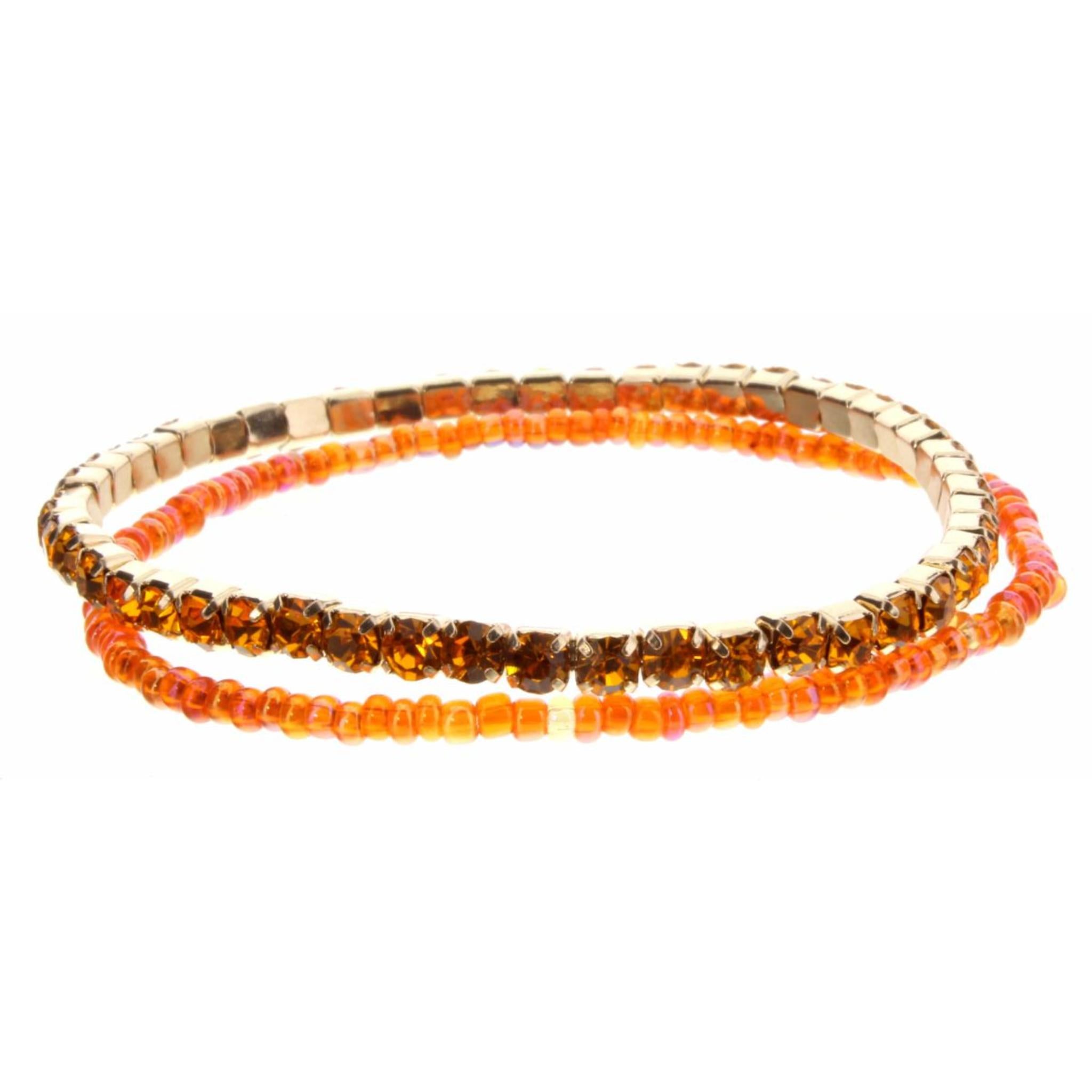 Set of 2, Orange Czech & Seed Bead Stretch Bracelet