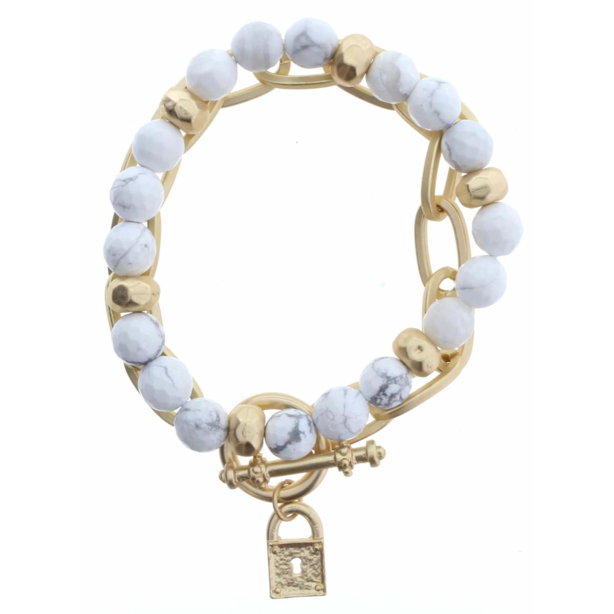 Set of 2, Howlite Beaded with Gold Chain Link & Lock Charm Bracelet