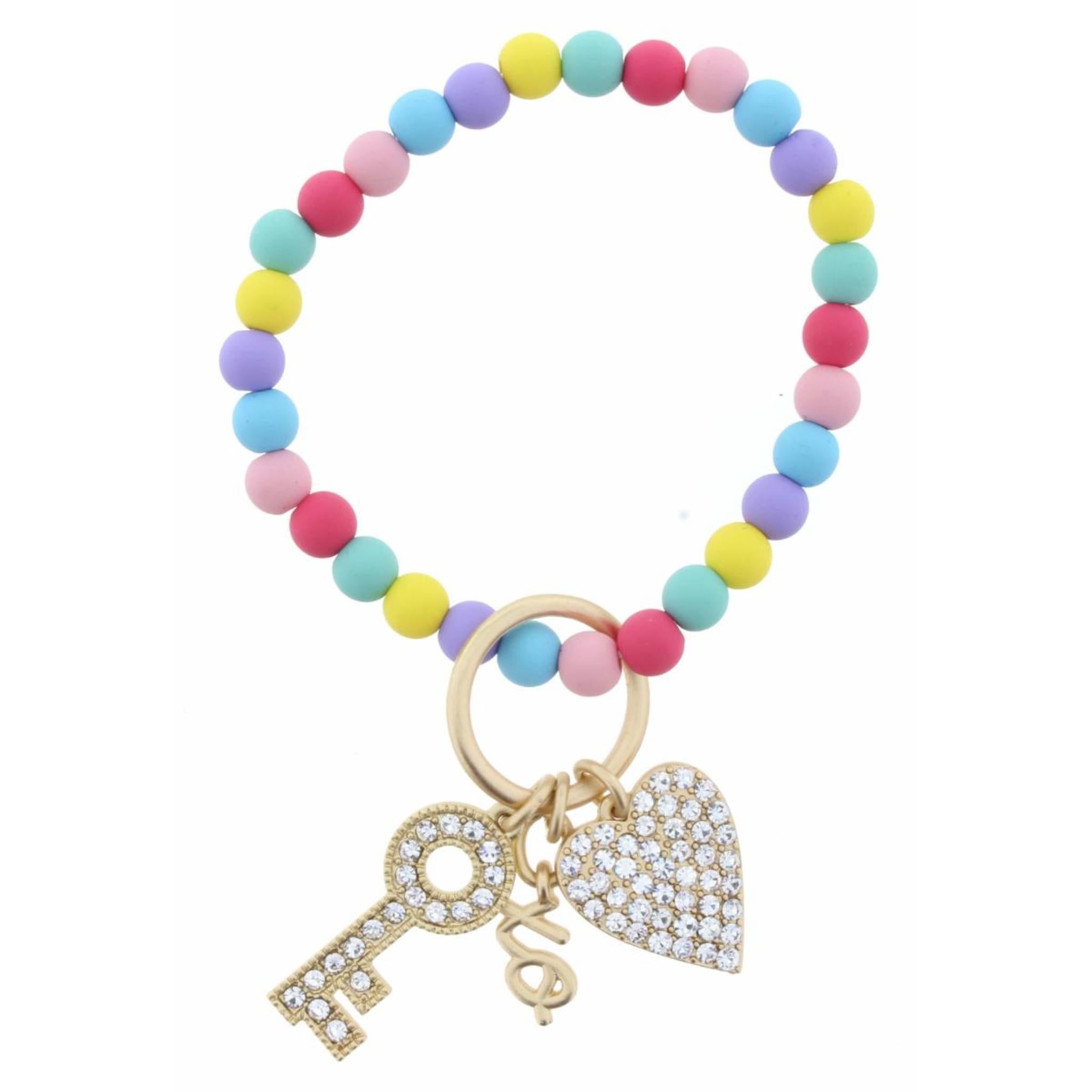 Kids Multi Matte Coated Beaded Stretch with Crystal Heart, Key, "XO" Charms Bracelet