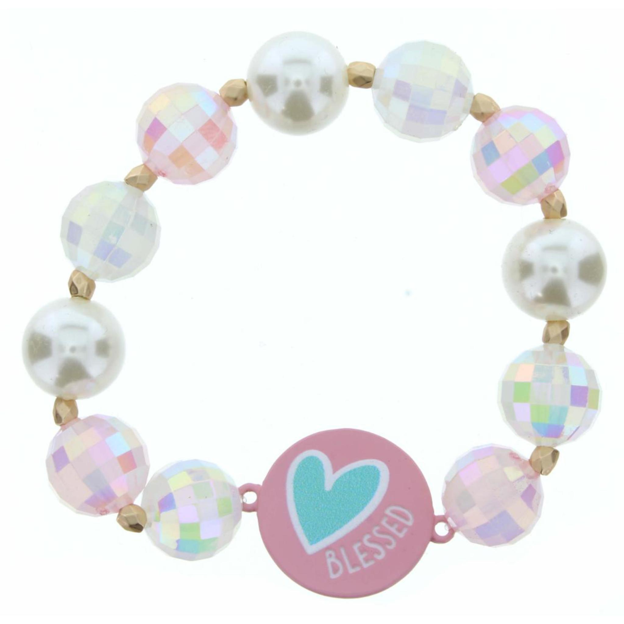 Kids Pearl & Pink AB Large Beaded Stretch Bracelet with "Blessed" Heart Disk Bracelet
