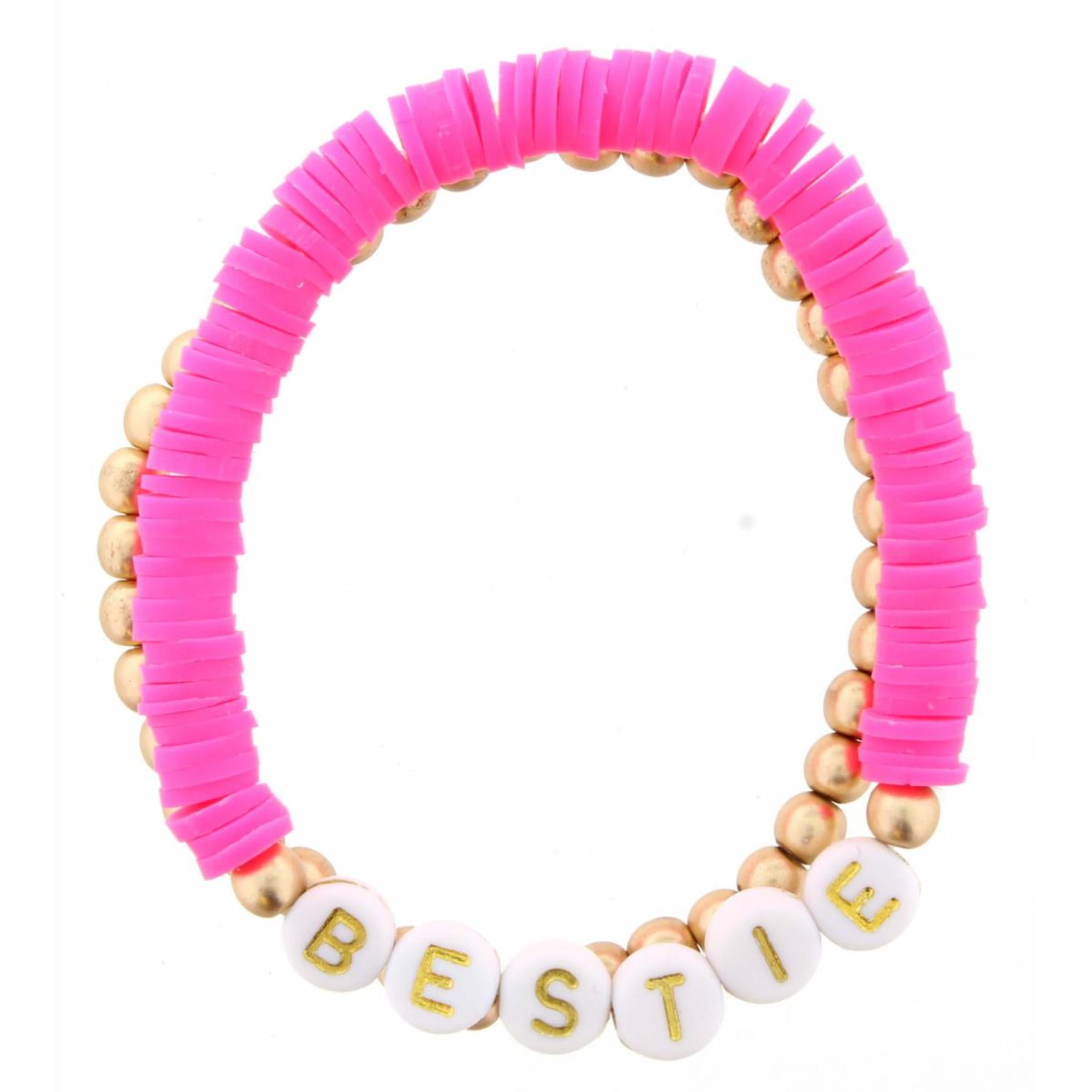 Kids Set of 2, Hot Pink Rubber Disk "Bestie" with Gold Beaded Bracelet