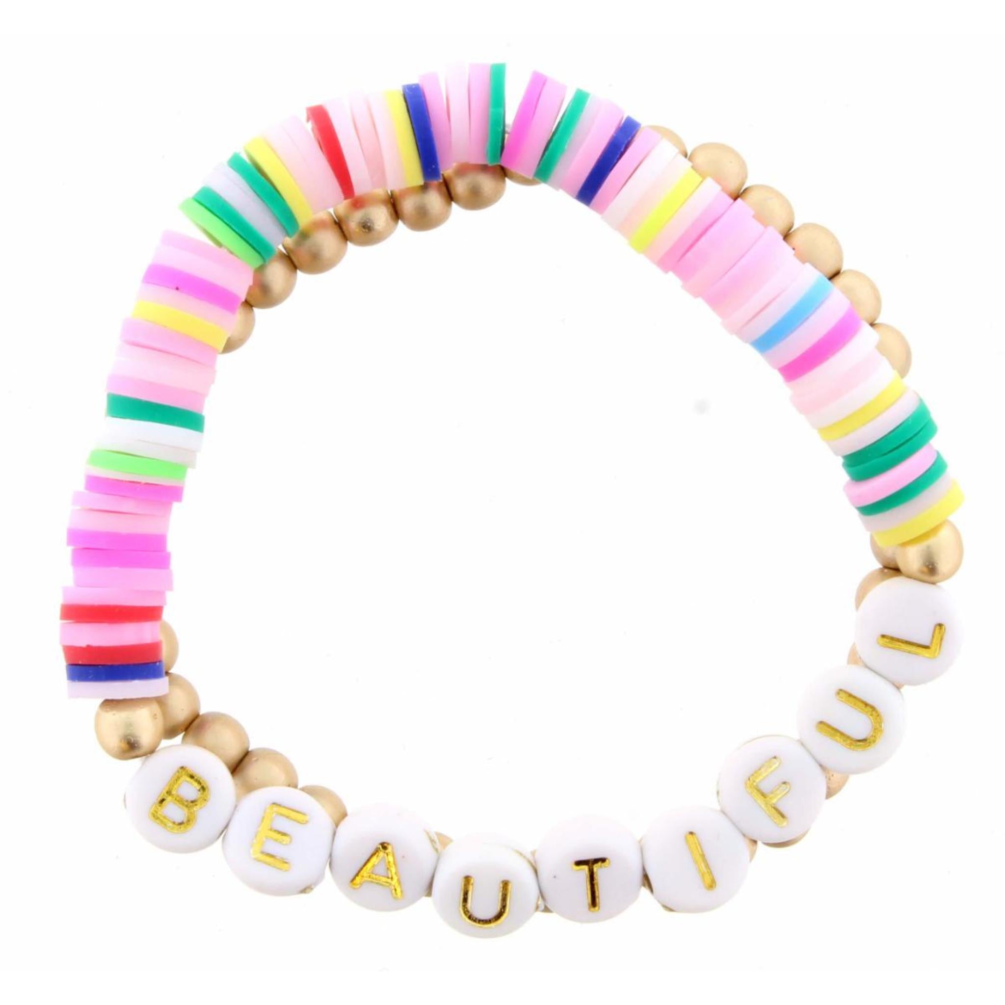 Kids Set of 2, Pink & Multi Rubber Disk "Beautiful" with Gold Beaded Bracelet