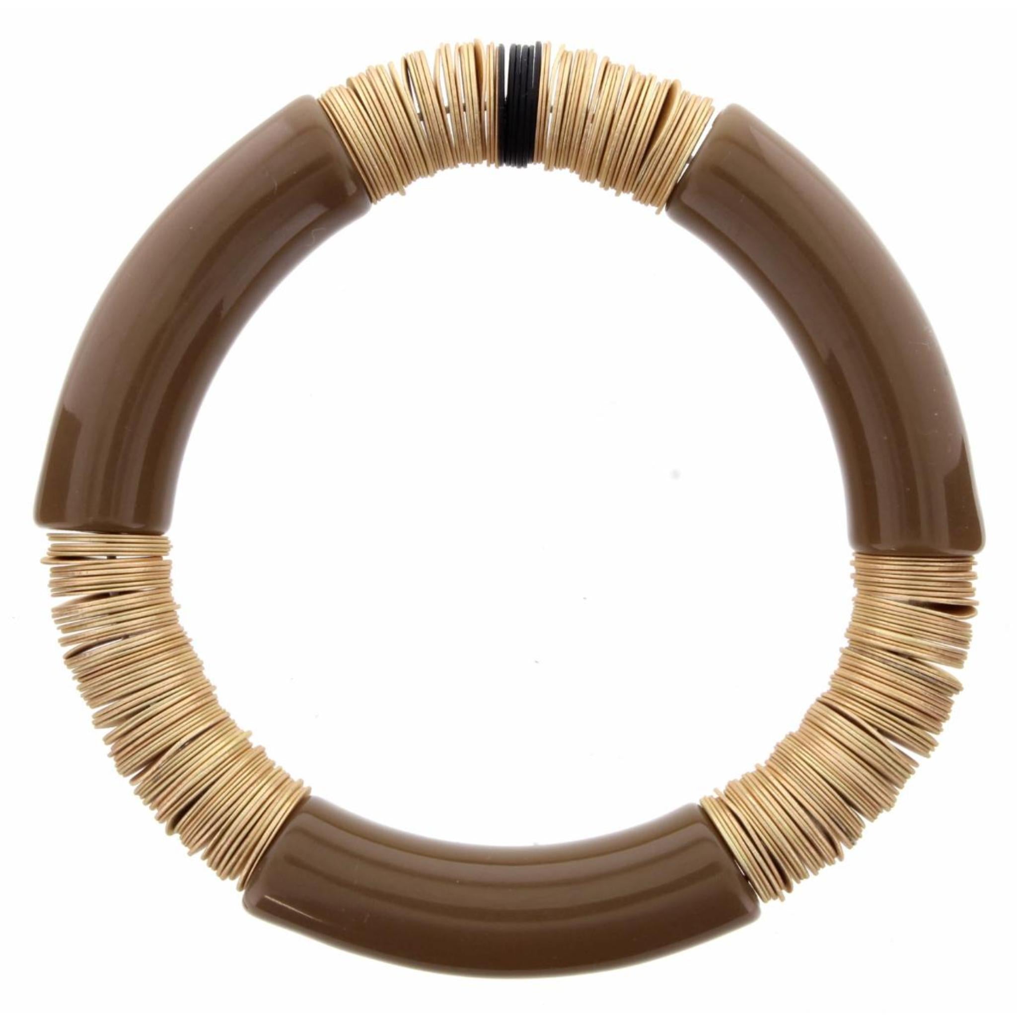 Chunky Brown Resin and Gold Sequin Colorblock Stretch Bangle Bracelet
