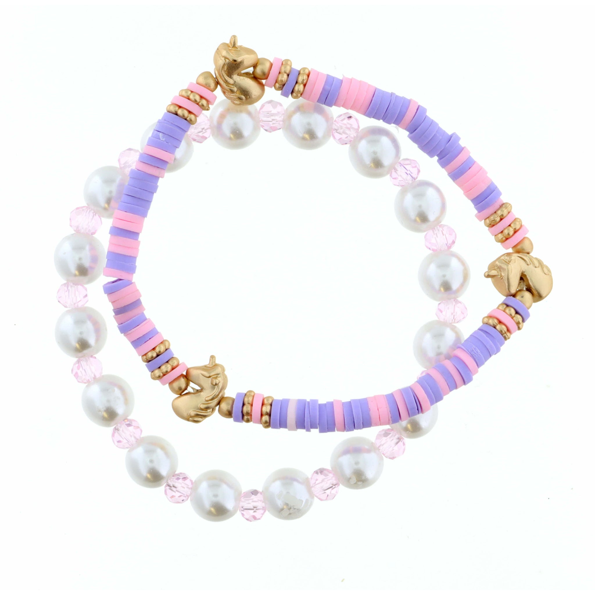Kids Set of 2, Pearl, Pink with Lavender Rubber Disk with Unicorn Bracelet