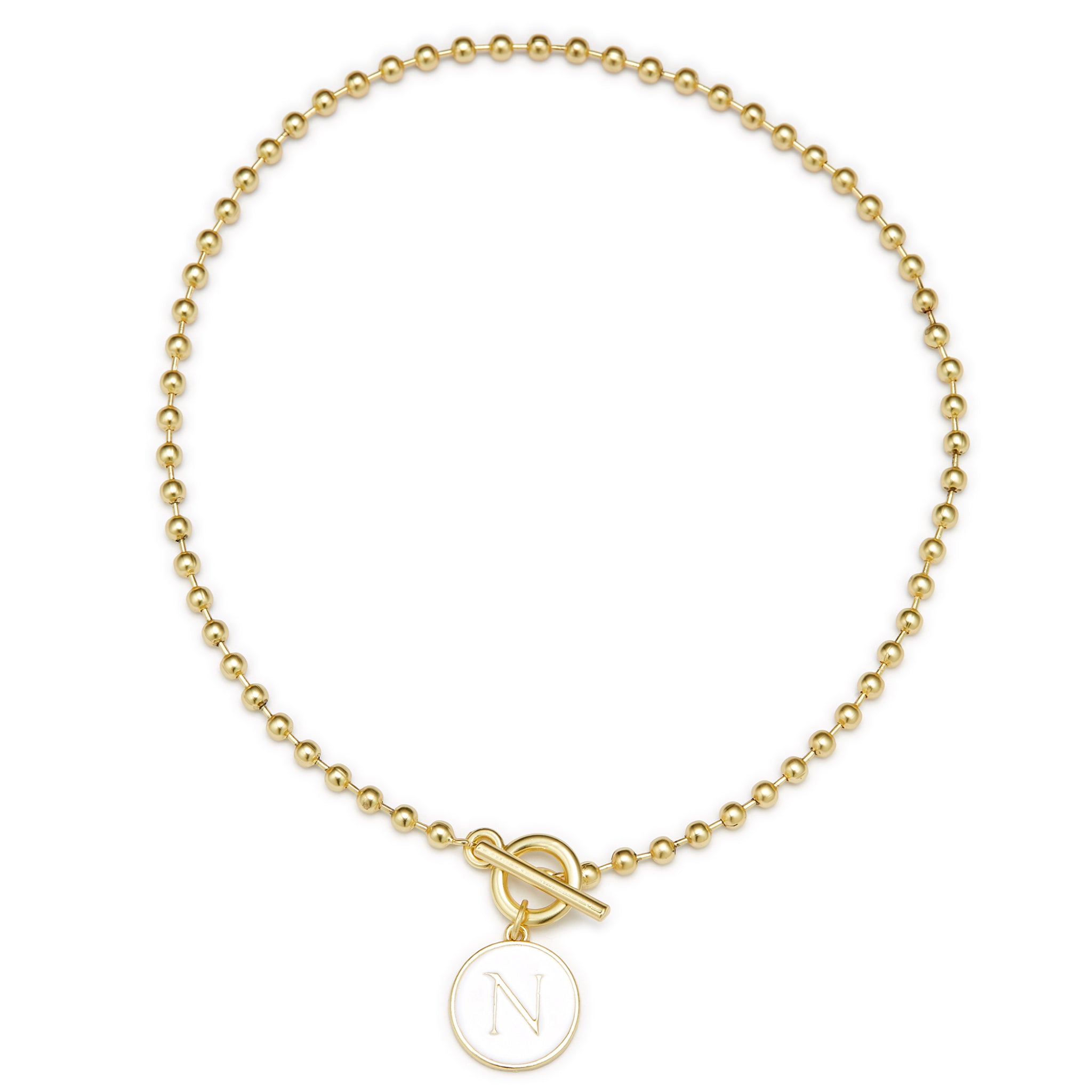 White Epoxy "N" Initial on Bead Chain with Toggle Bracelet