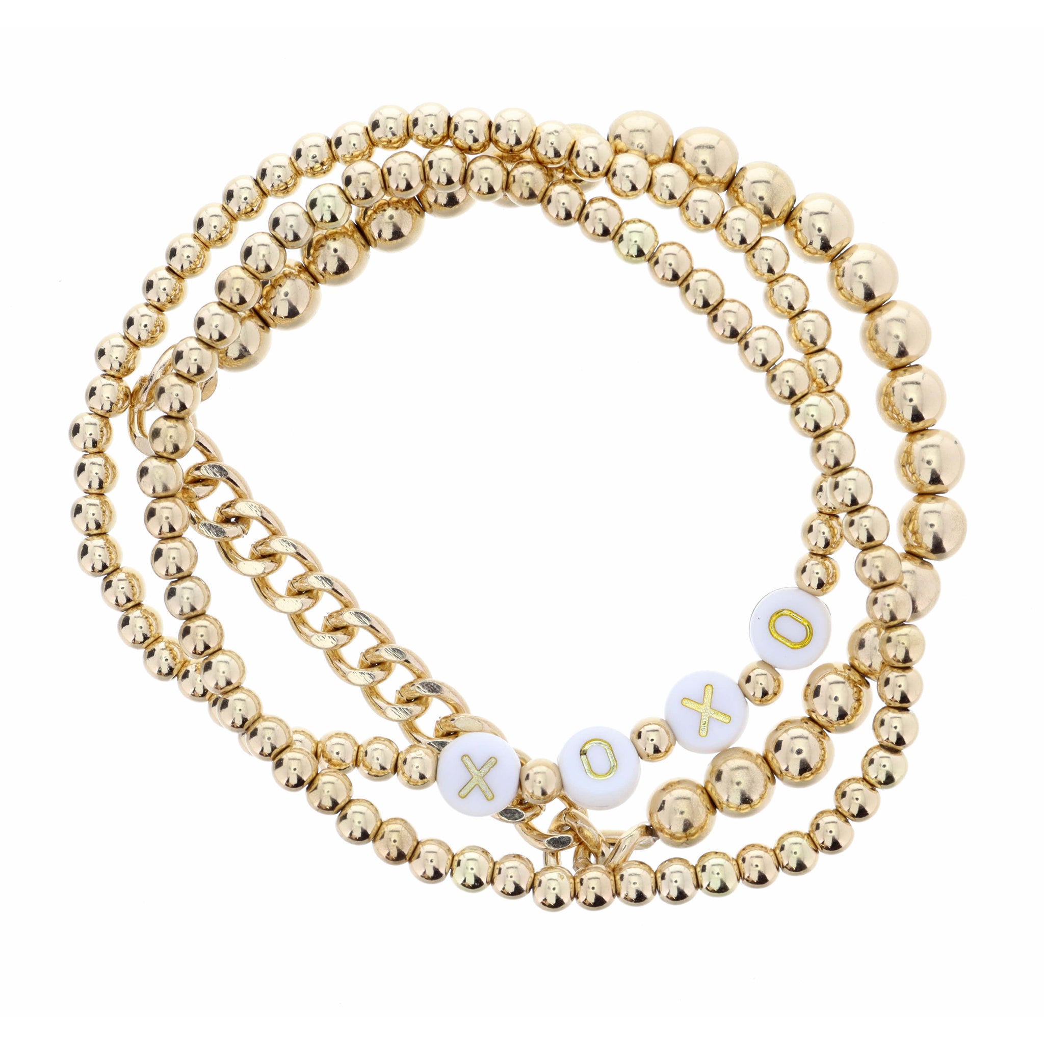 Set of 3, "XOXO" Gold Beaded Bracelet