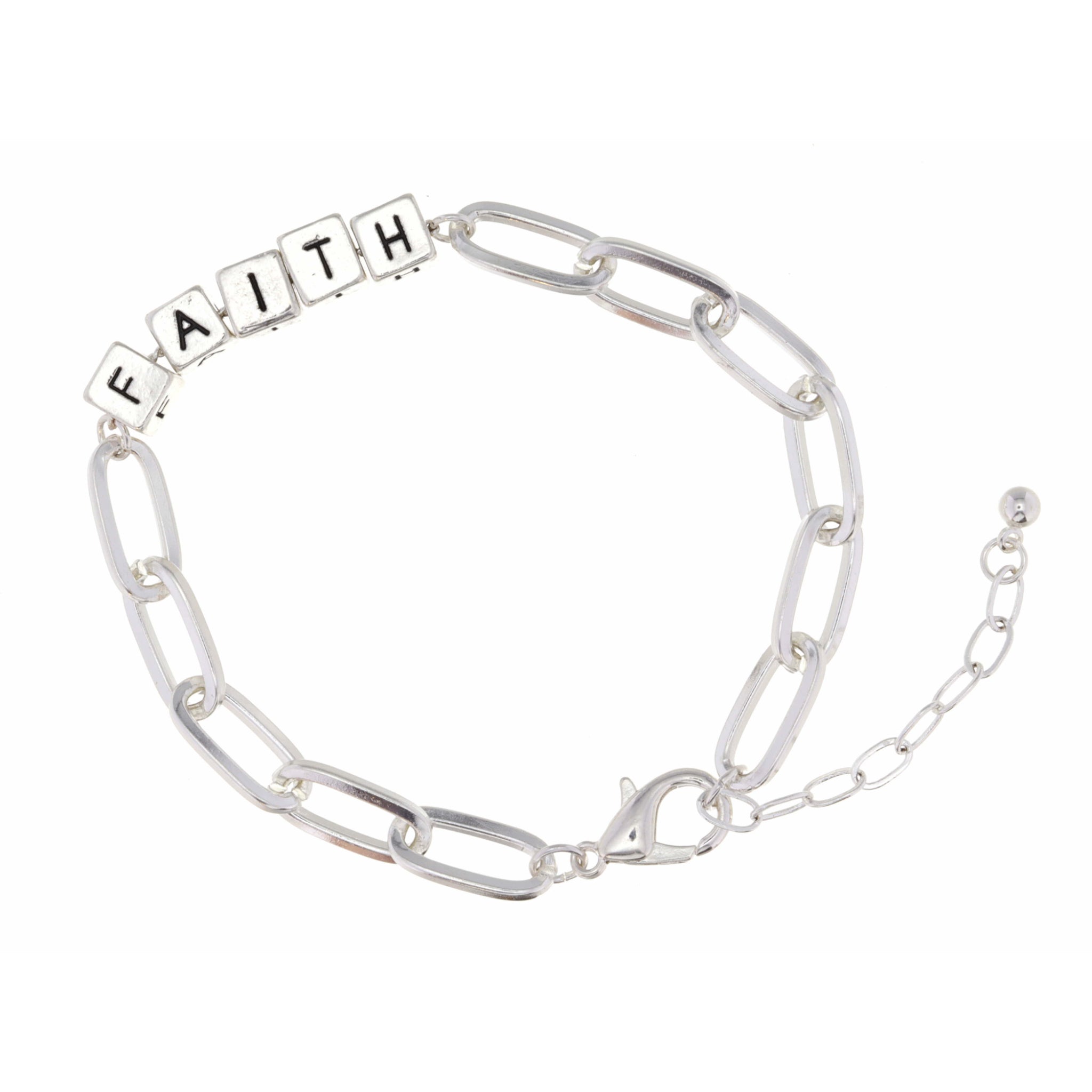 Silver "Faith" Letterblocks Bracelet, 2" Ext.
