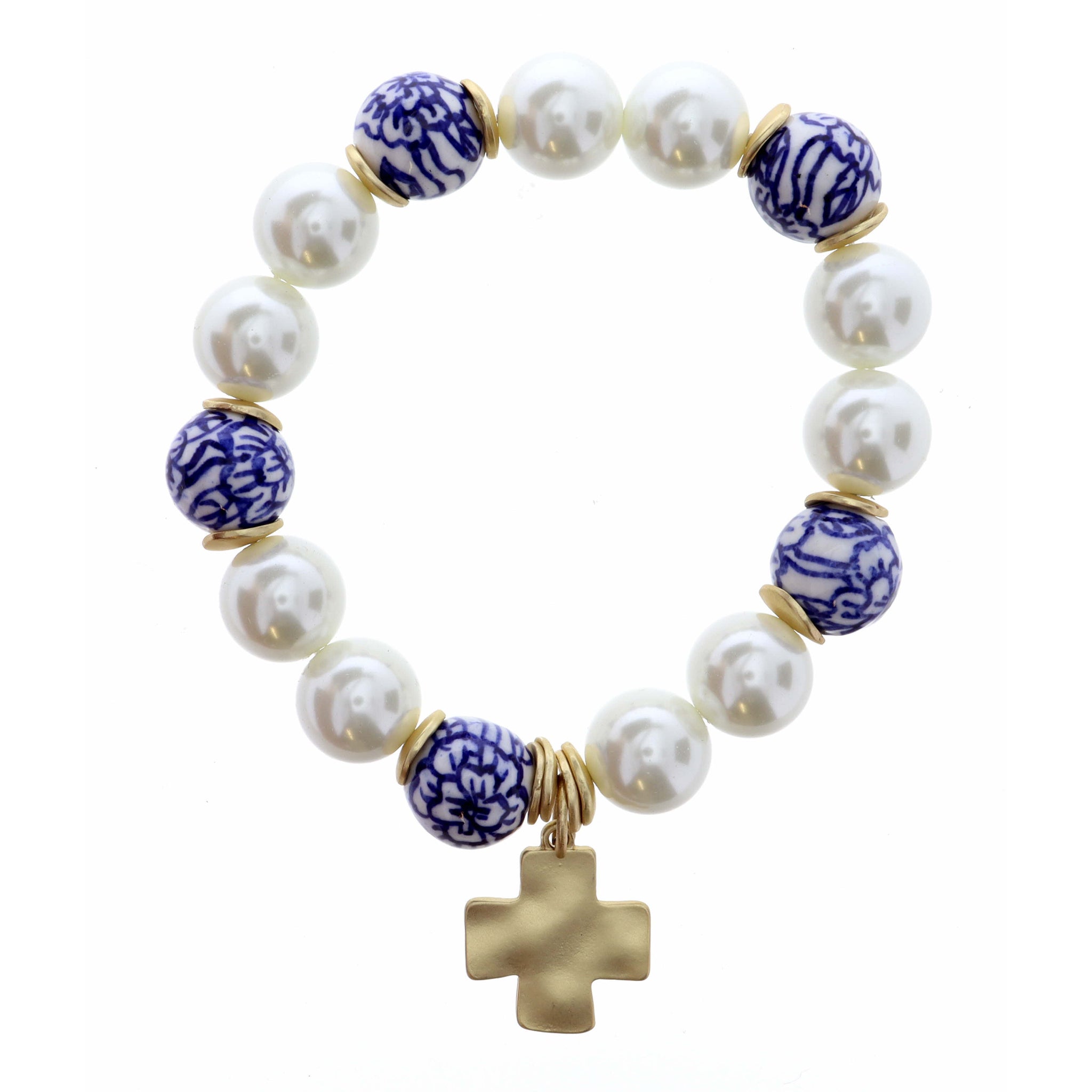 Square Cross on Pearl & Blue Porcelain Beaded Bracelet