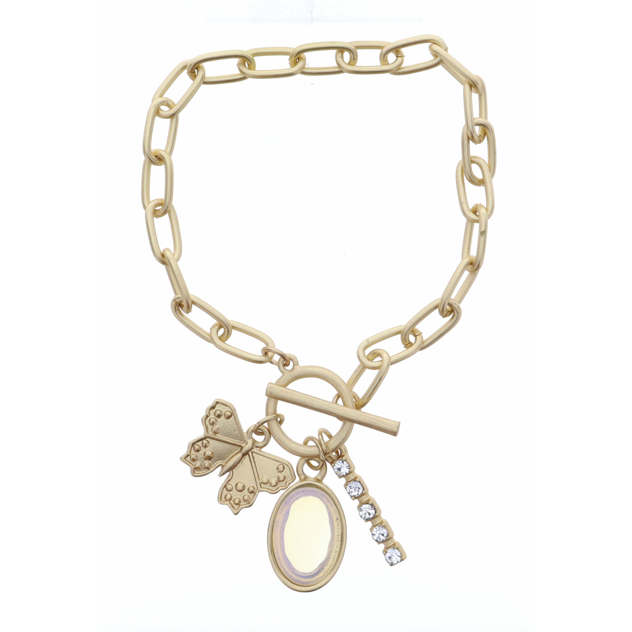 Gold Butterfly, Opal Oval, and Clear Crystal Bar Bracelet