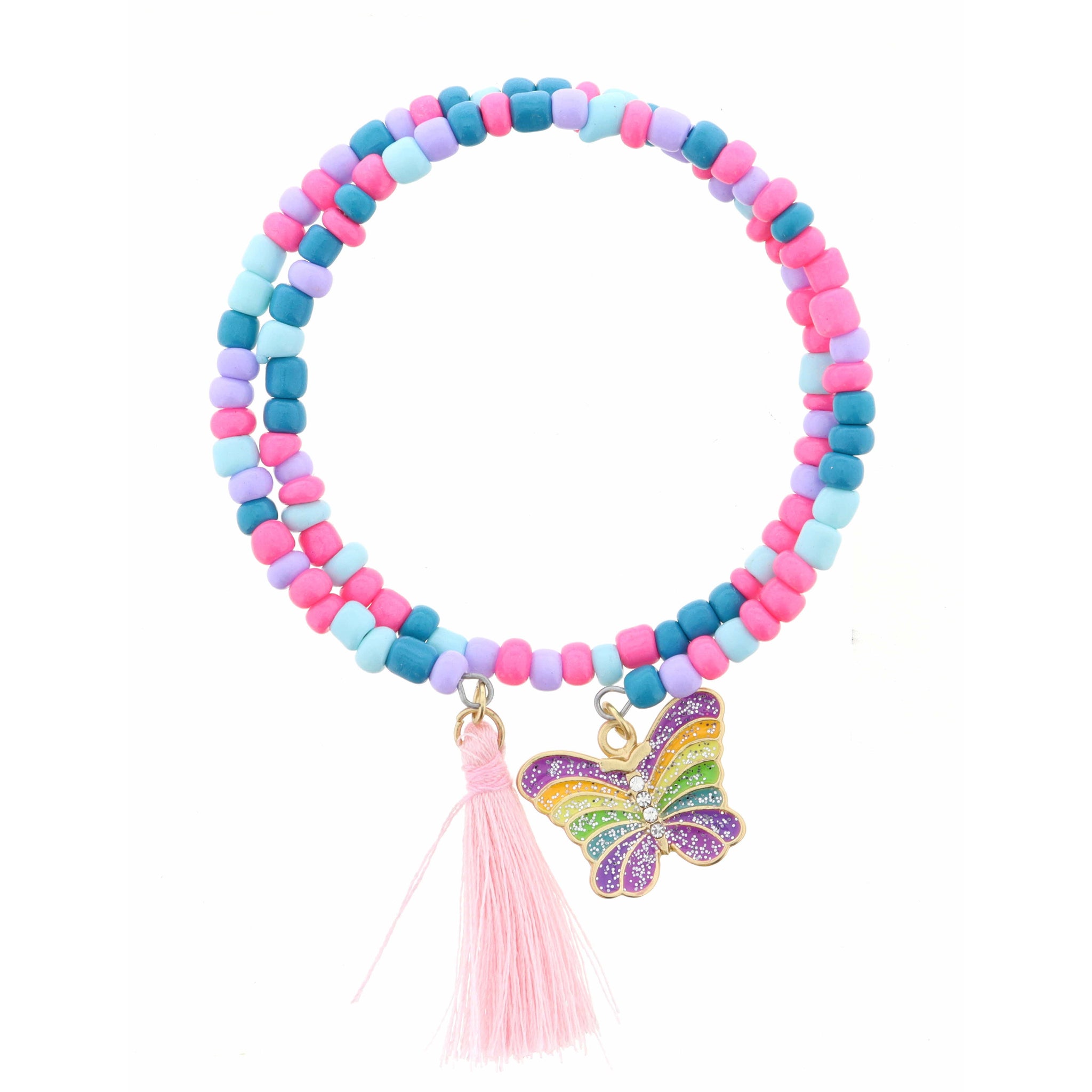 Kids Multi Butterfly with Pink Tassel on Multi Coil Bracelet