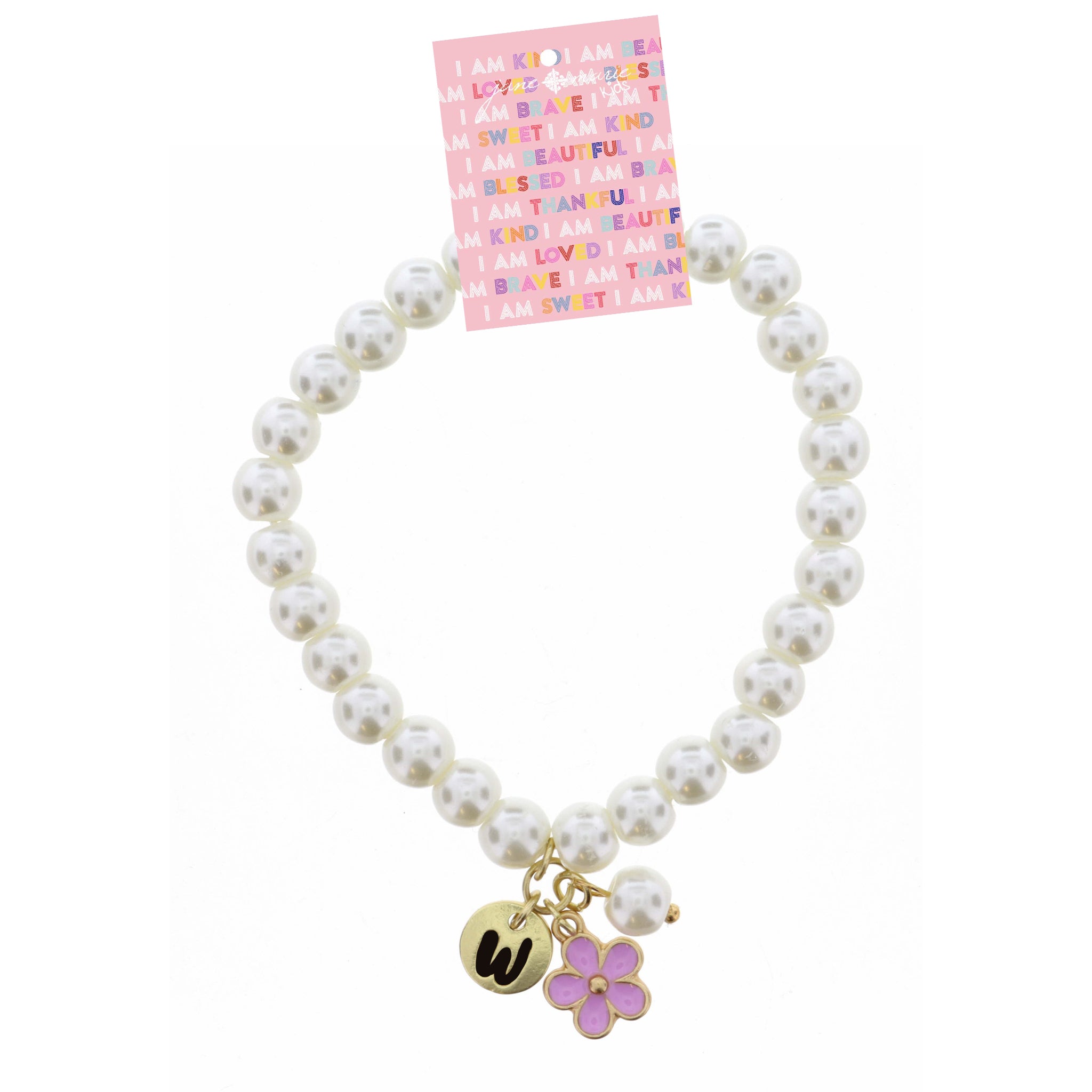 Kids "W" Initial Disc, Pearl, & Purple Flower Charms on Pearls Bracelet