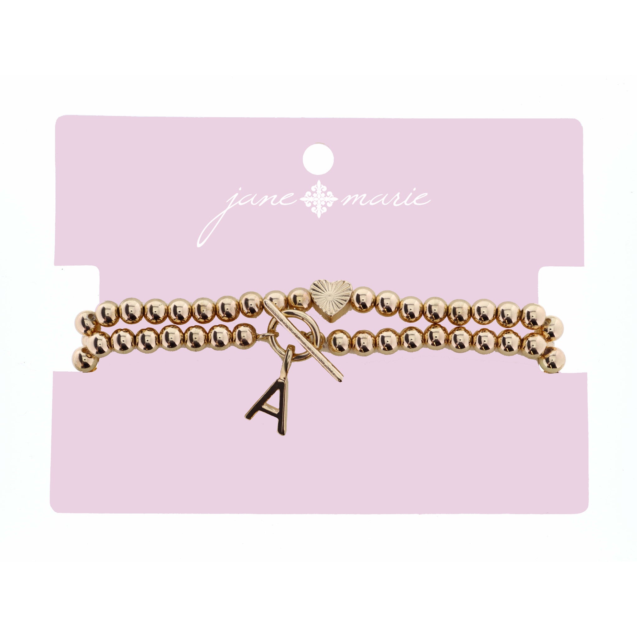 2 Strand, Gold "A" Initial with Toggle and Textured Heart Bracelet