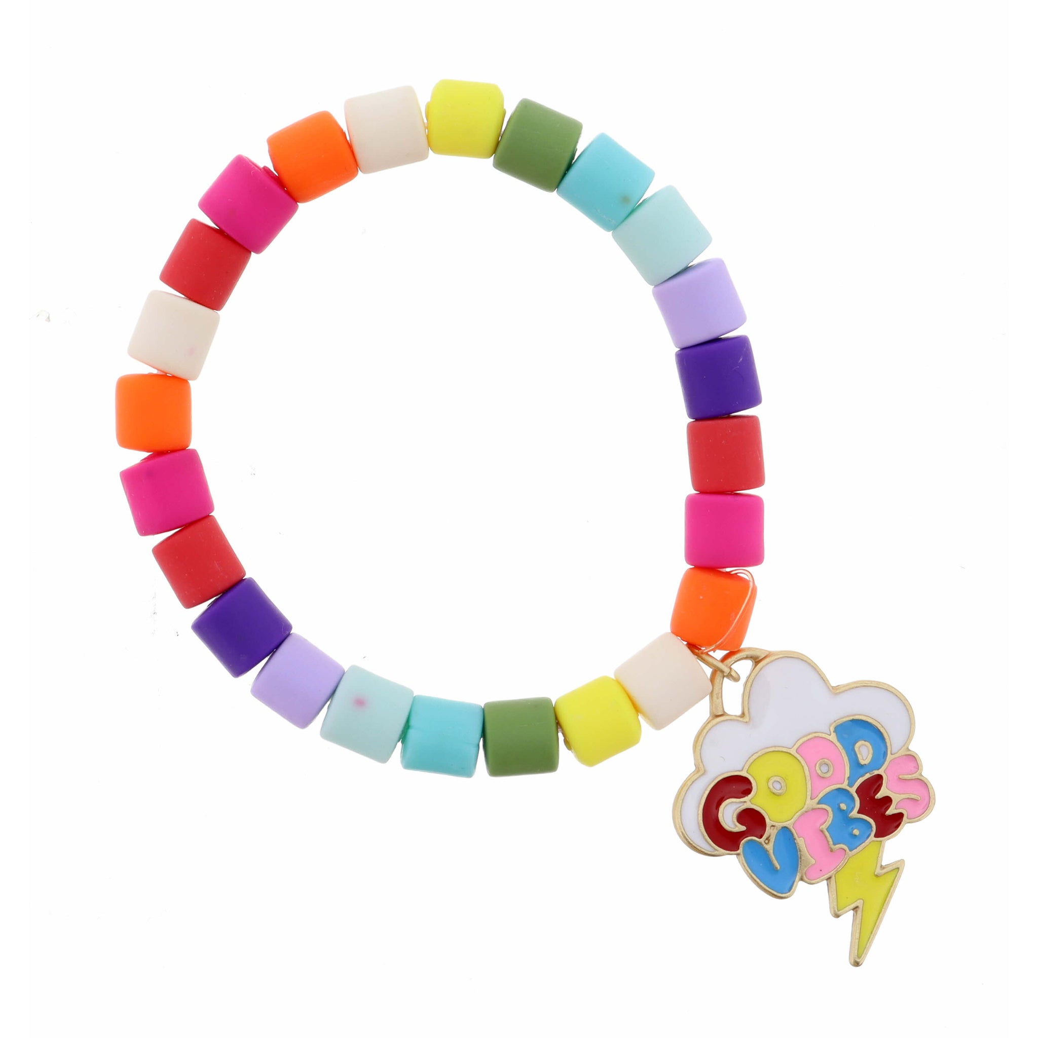 Kids Multi Colored Cylinder Beads with Enamel "Good Vibes" Cloud Bracelet